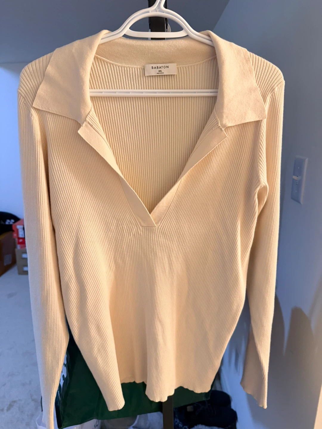 Babaton Cream Ribbed Knit Collared V-Neck Sweater - 2XL