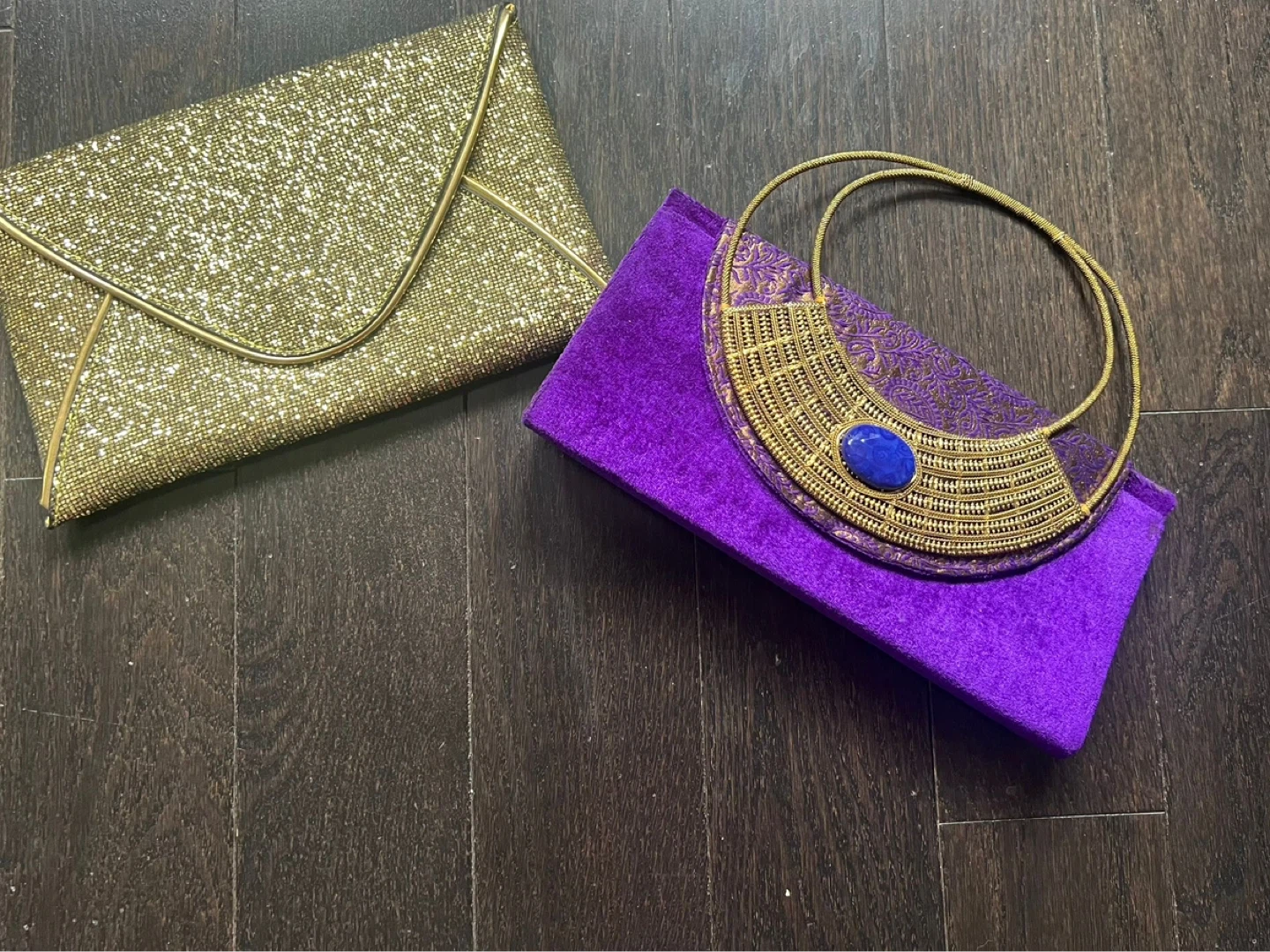 Gold Glitter Clutch & Purple Box with Necklace