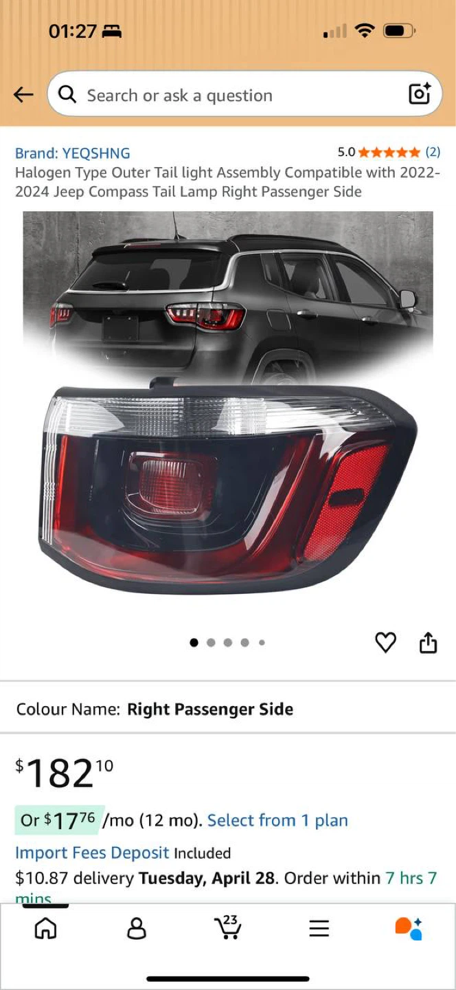 Jeep Compass 2022–2024 Tail Light RIGHT (Passenger Side)