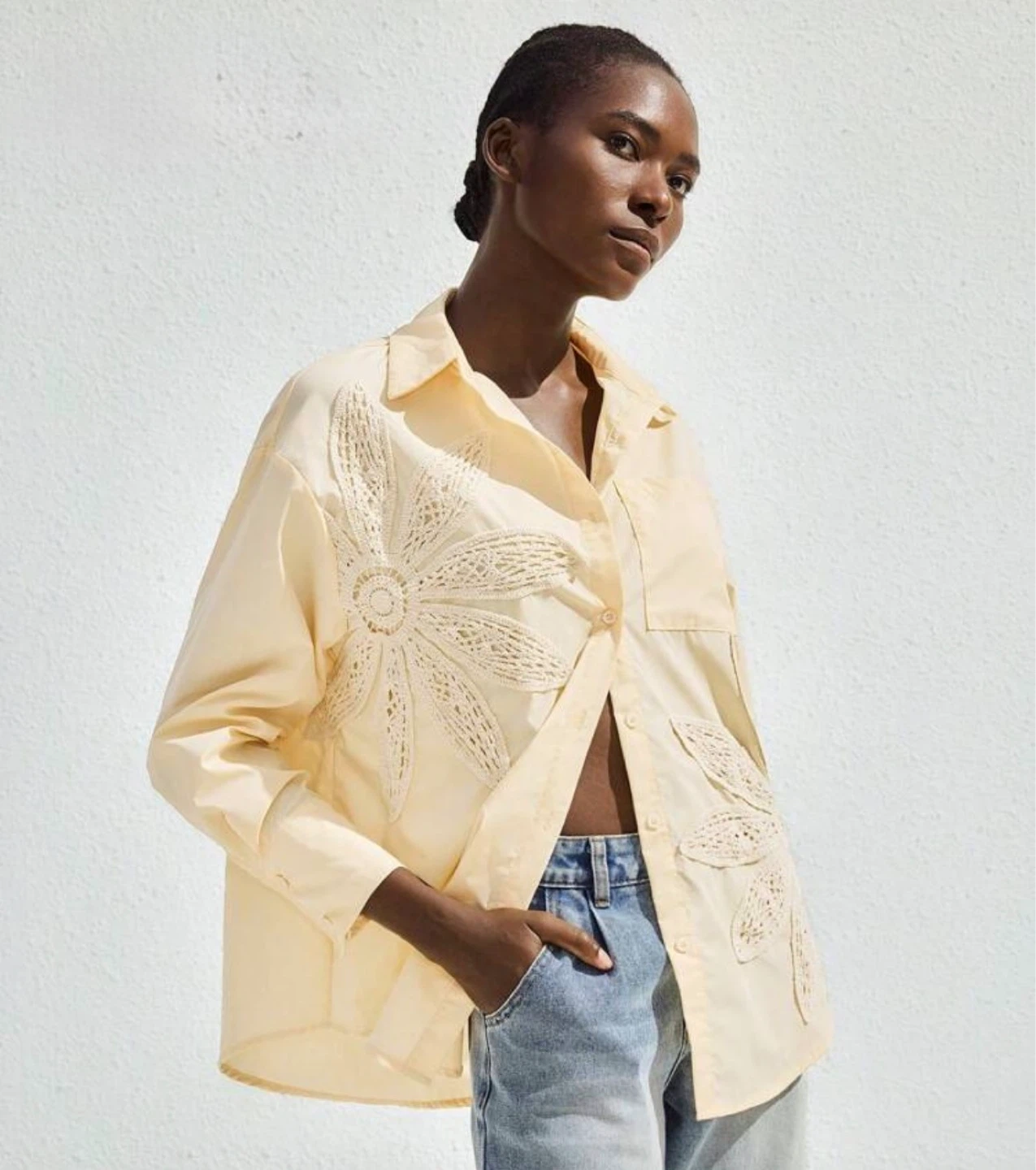Crochet embellished Flower Button-Up Shirt🌱 (new )