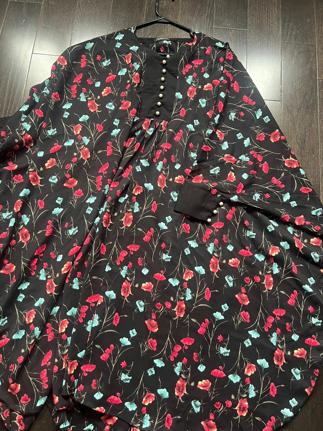 Black Floral Print Dress with Pearl Buttons