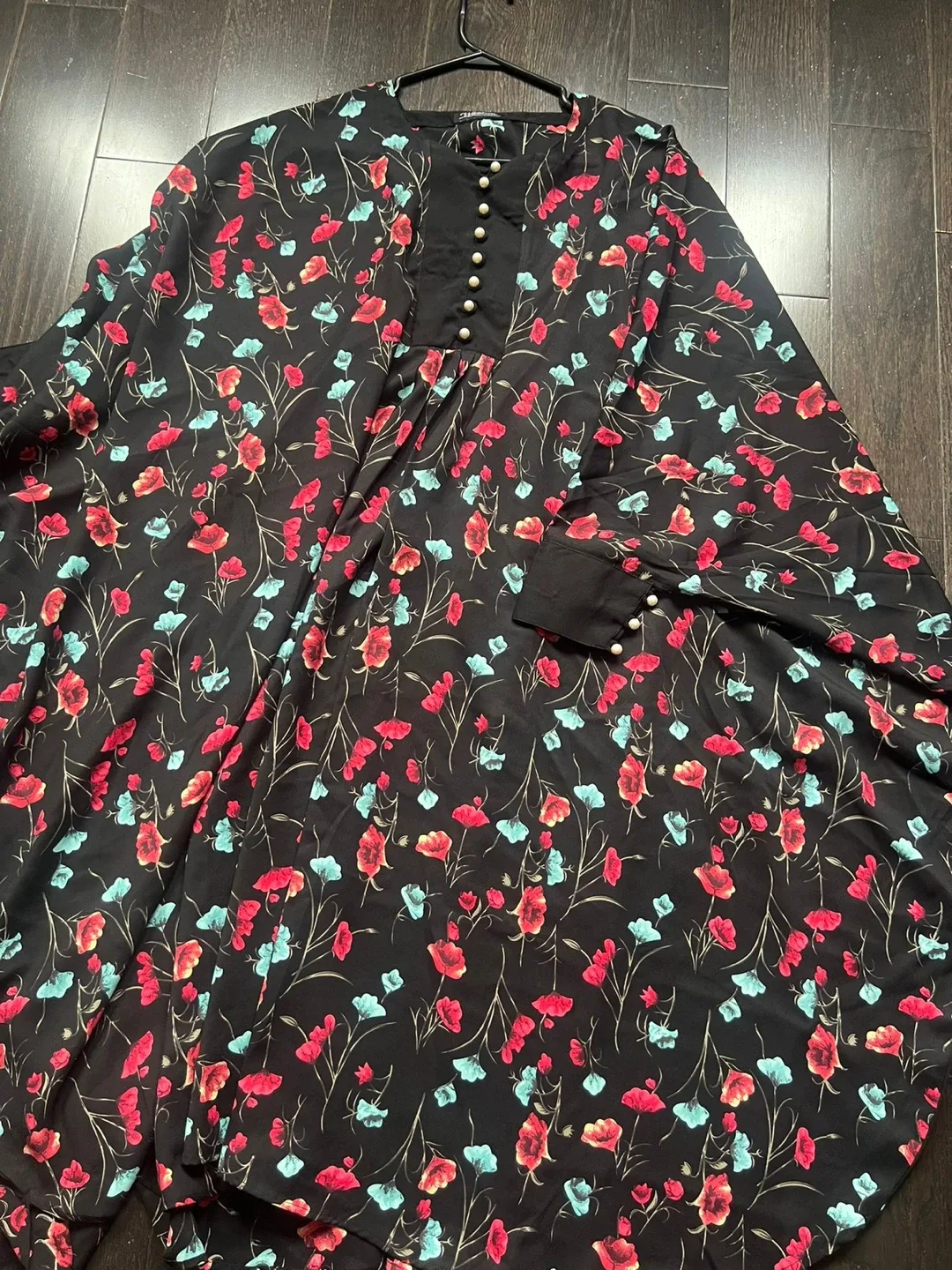 Black Floral Print Dress with Pearl Buttons