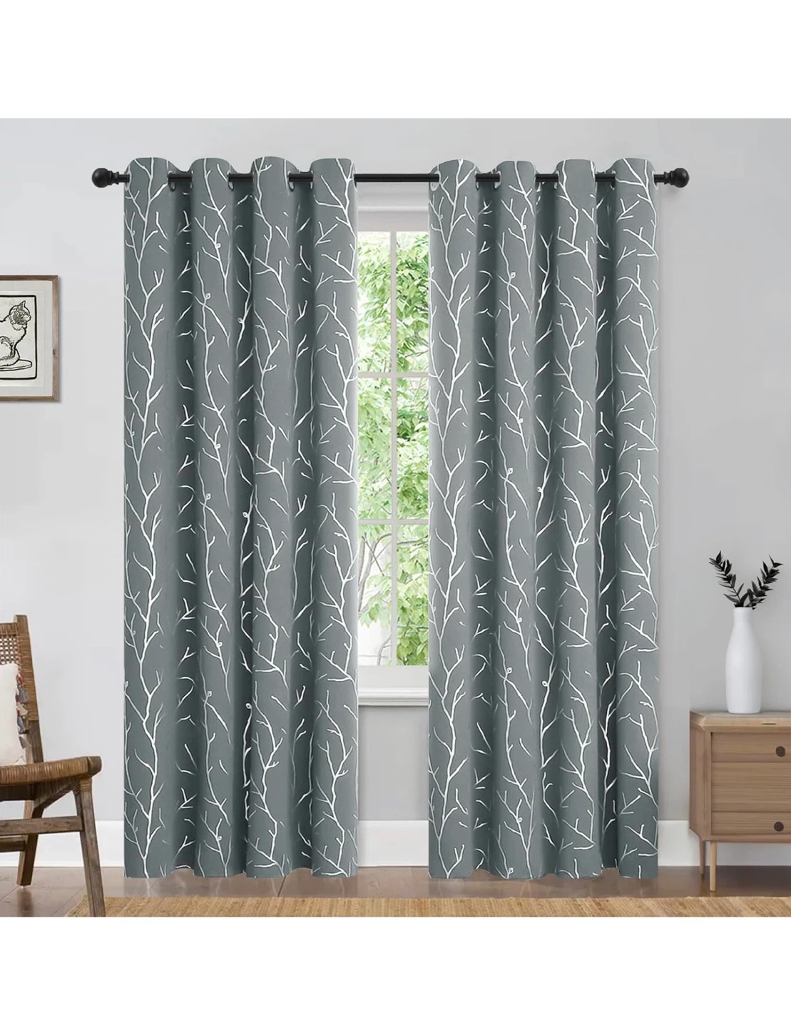 Light Grey Branch Pattern Curtains - 52"W x 84"L (2 Panels)