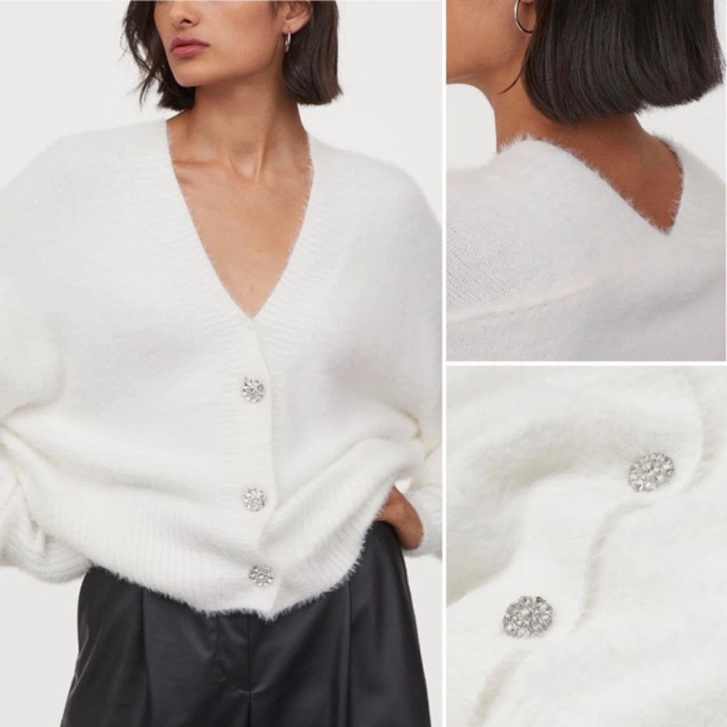 H&M White Fuzzy Cardigan with Rhinestone Buttons
