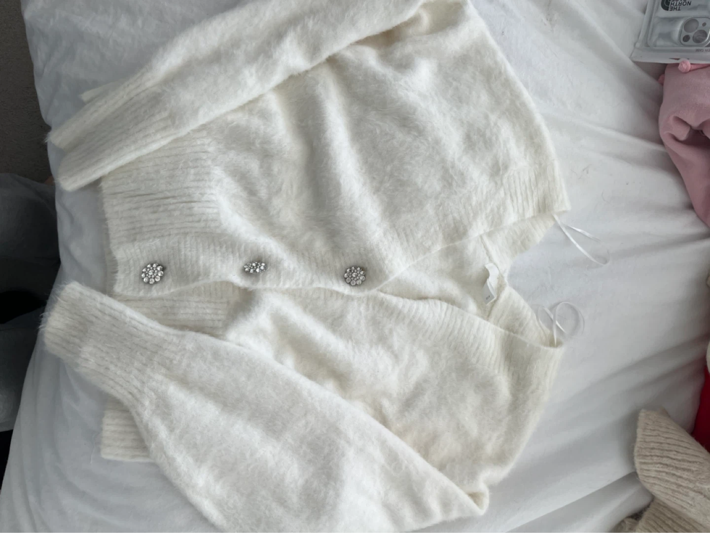 H&M White Fuzzy Cardigan with Rhinestone Buttons - photo 3