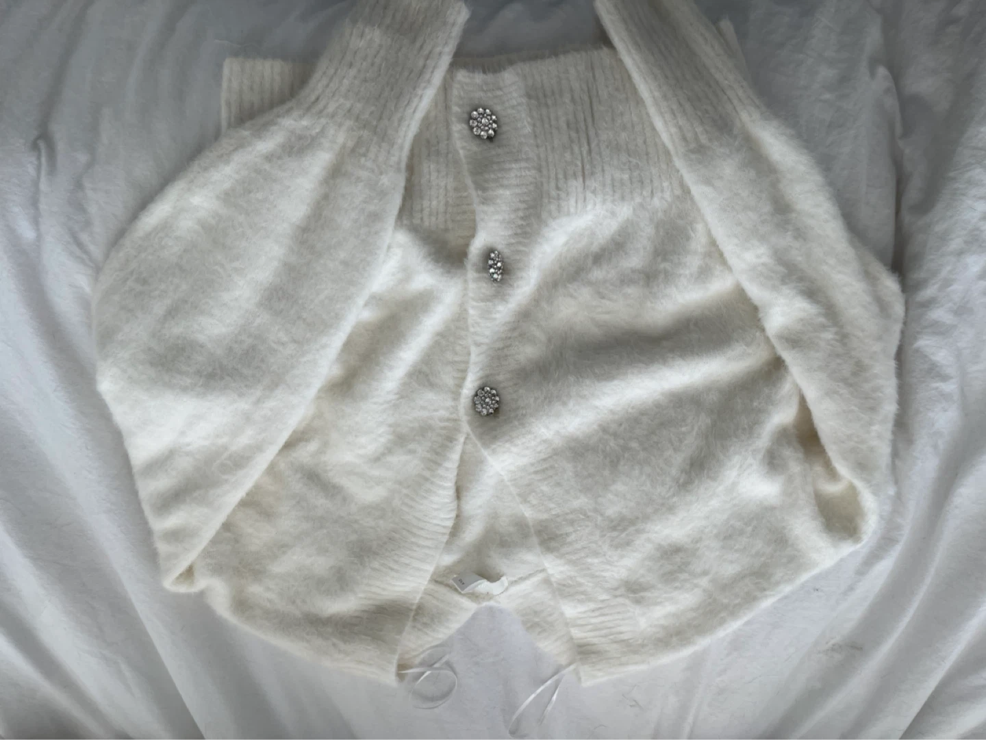 H&M White Fuzzy Cardigan with Rhinestone Buttons - photo 2
