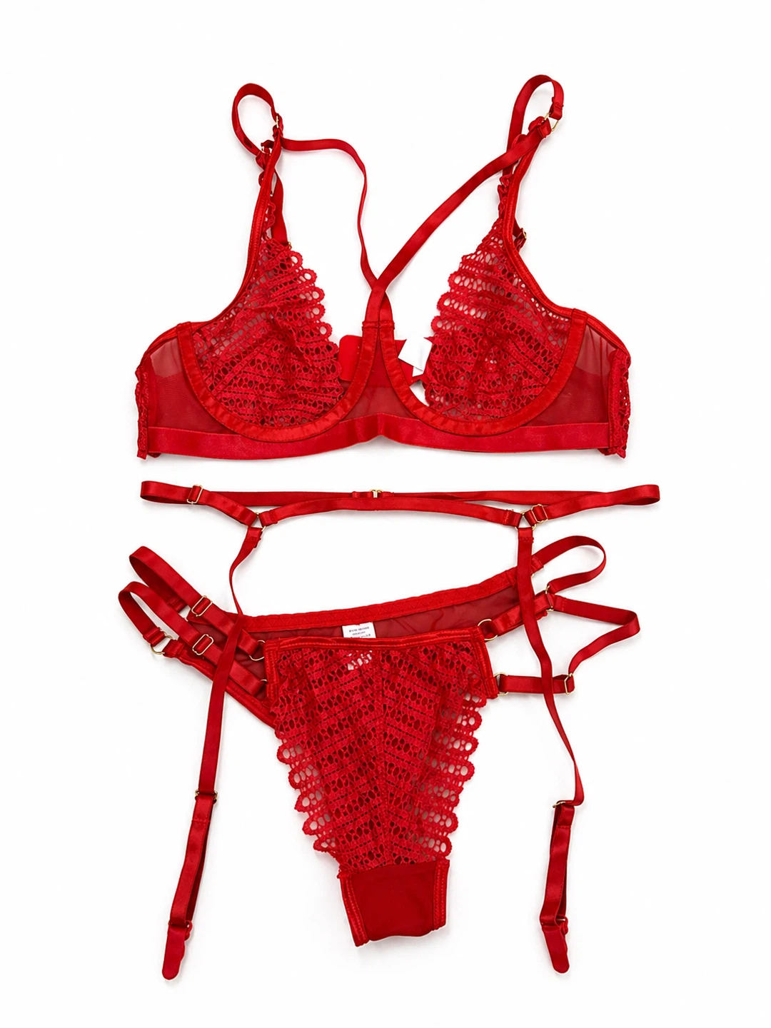 Red Lace Bra, Garter Belt, and Thong Lingerie Set