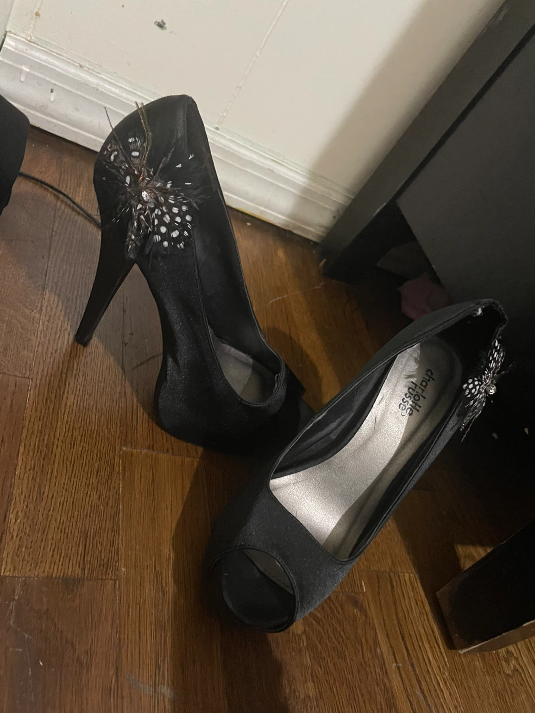 Charlotte Russe Black Peep-Toe Heels with Feather Detail - photo 2