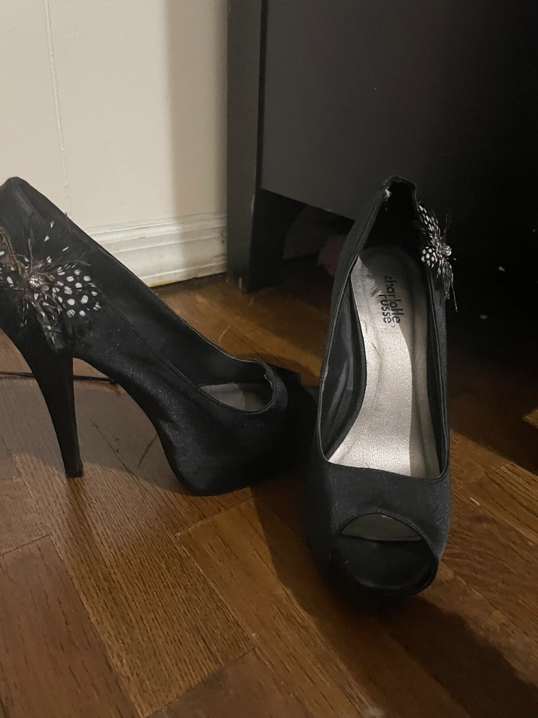 Charlotte Russe Black Peep-Toe Heels with Feather Detail