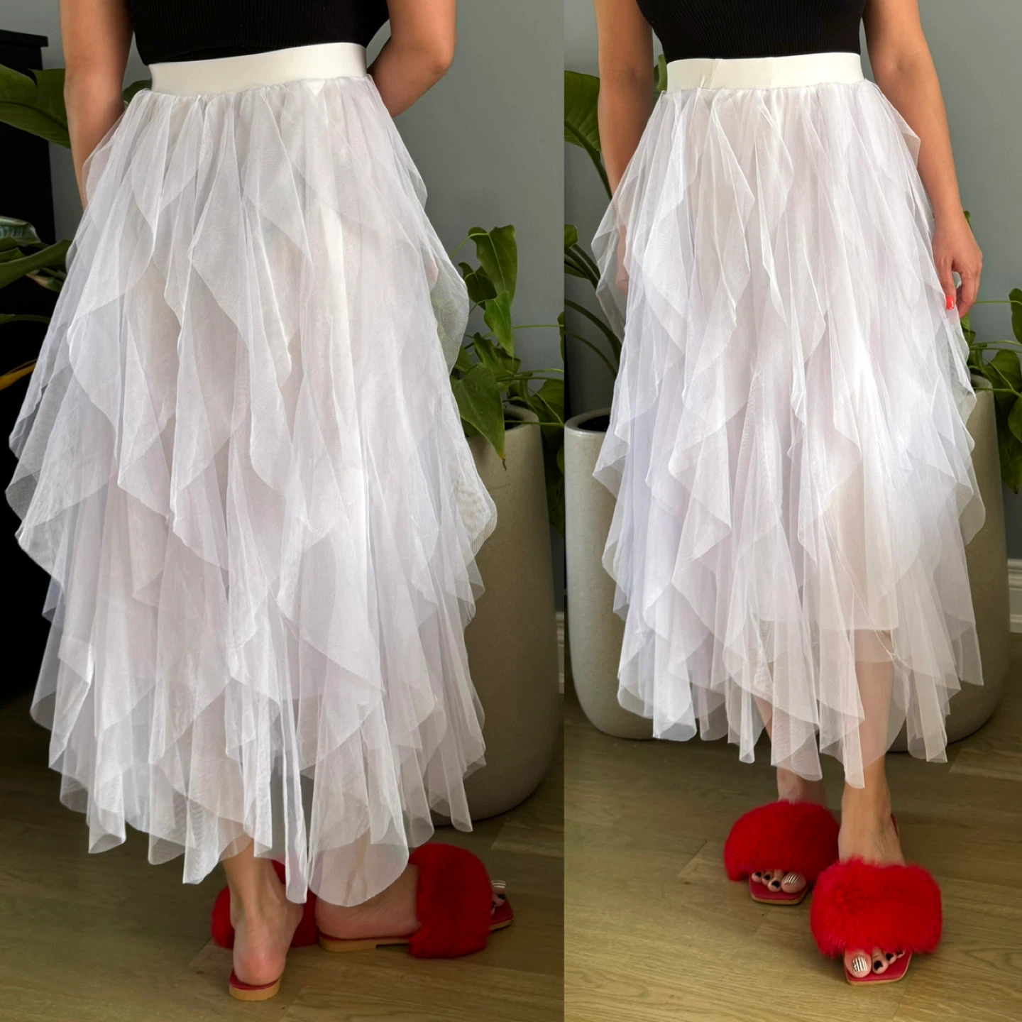 Tiered Tulle Midi Skirt + sandals
