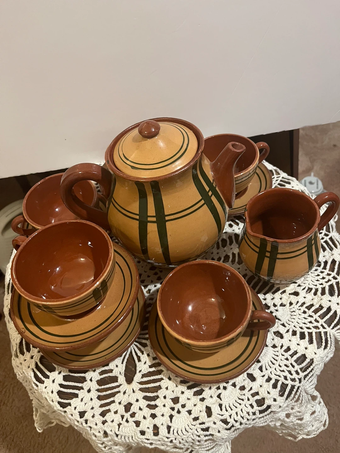 Terracotta Tea Set with Green Stripes