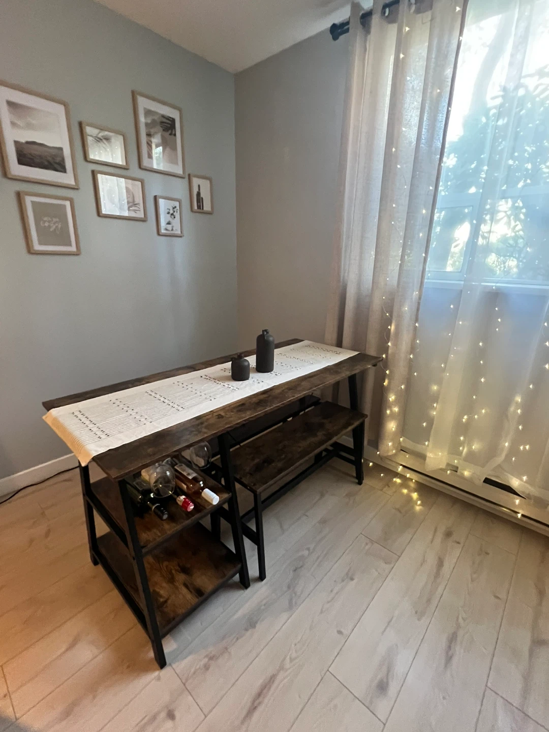 Rustic Wood Dining Table with Bench and Wine Rack