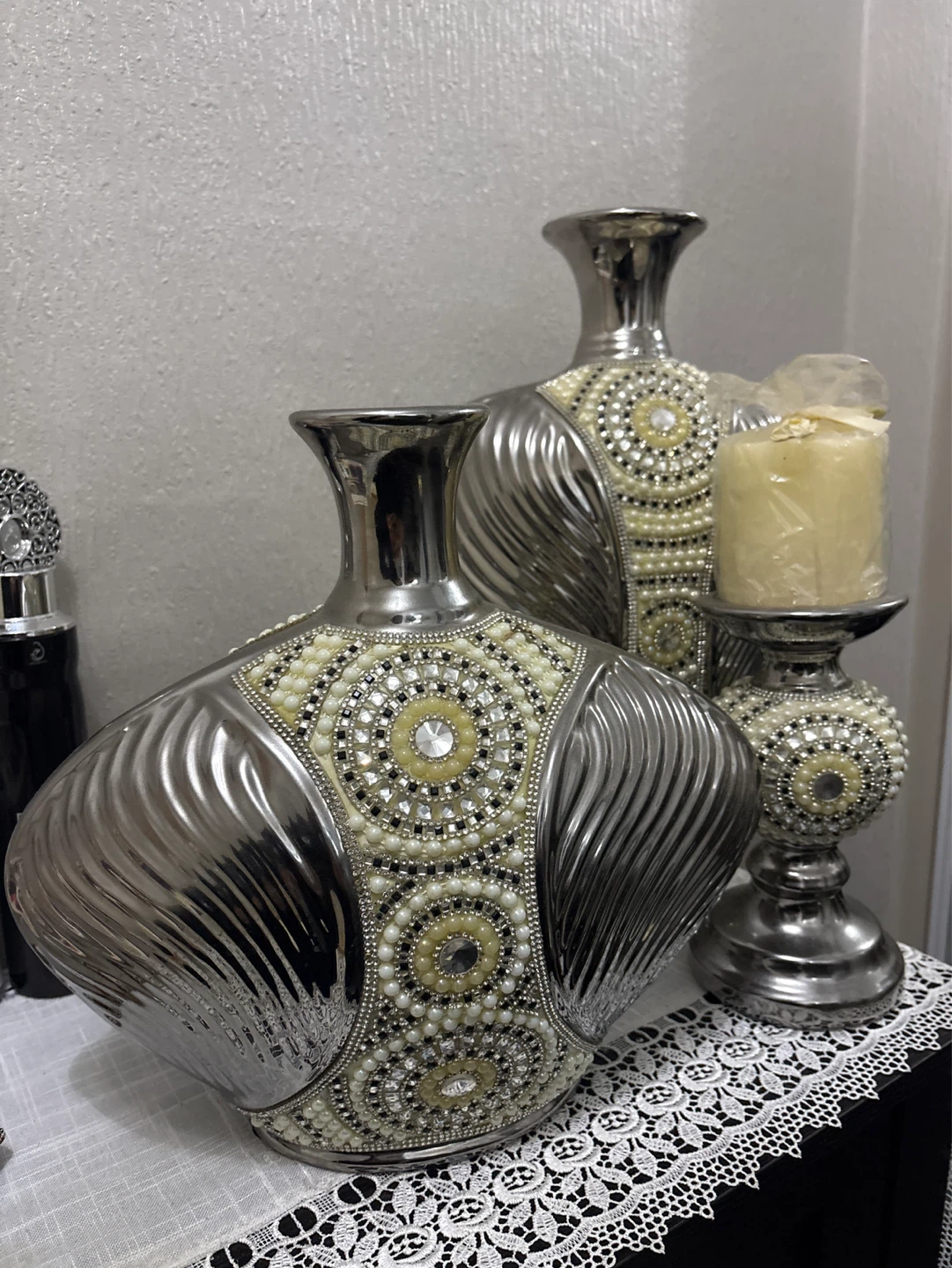 Set of 3 Decorative Vases and Candlestick