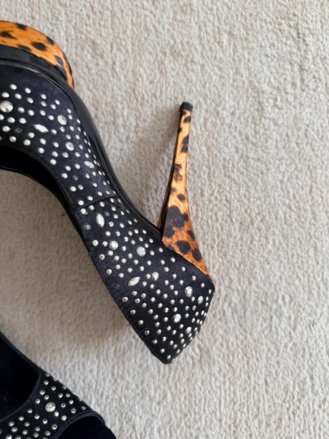 Black Peep Toe Heels with Rhinestones and Leopard Print - photo 5