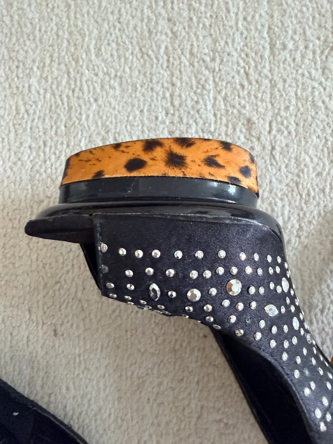 Black Peep Toe Heels with Rhinestones and Leopard Print - photo 4