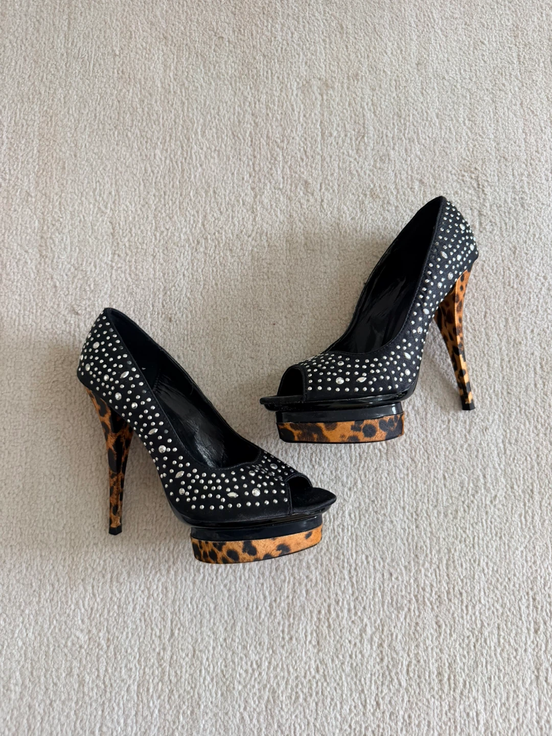 Black Peep Toe Heels with Rhinestones and Leopard Print - photo 2