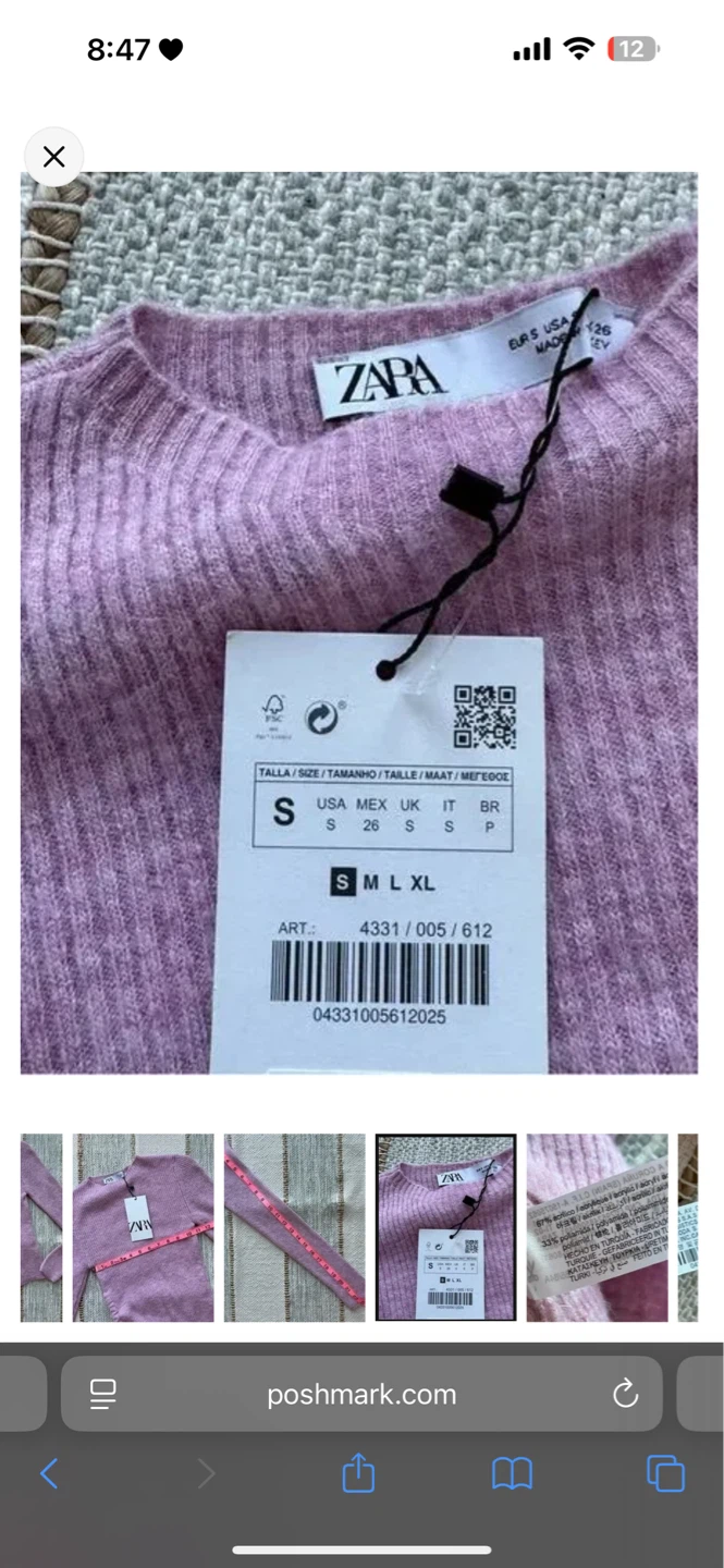 ZARA Purple Ribbed Knit Ruched Side Sweater Size S - photo 2