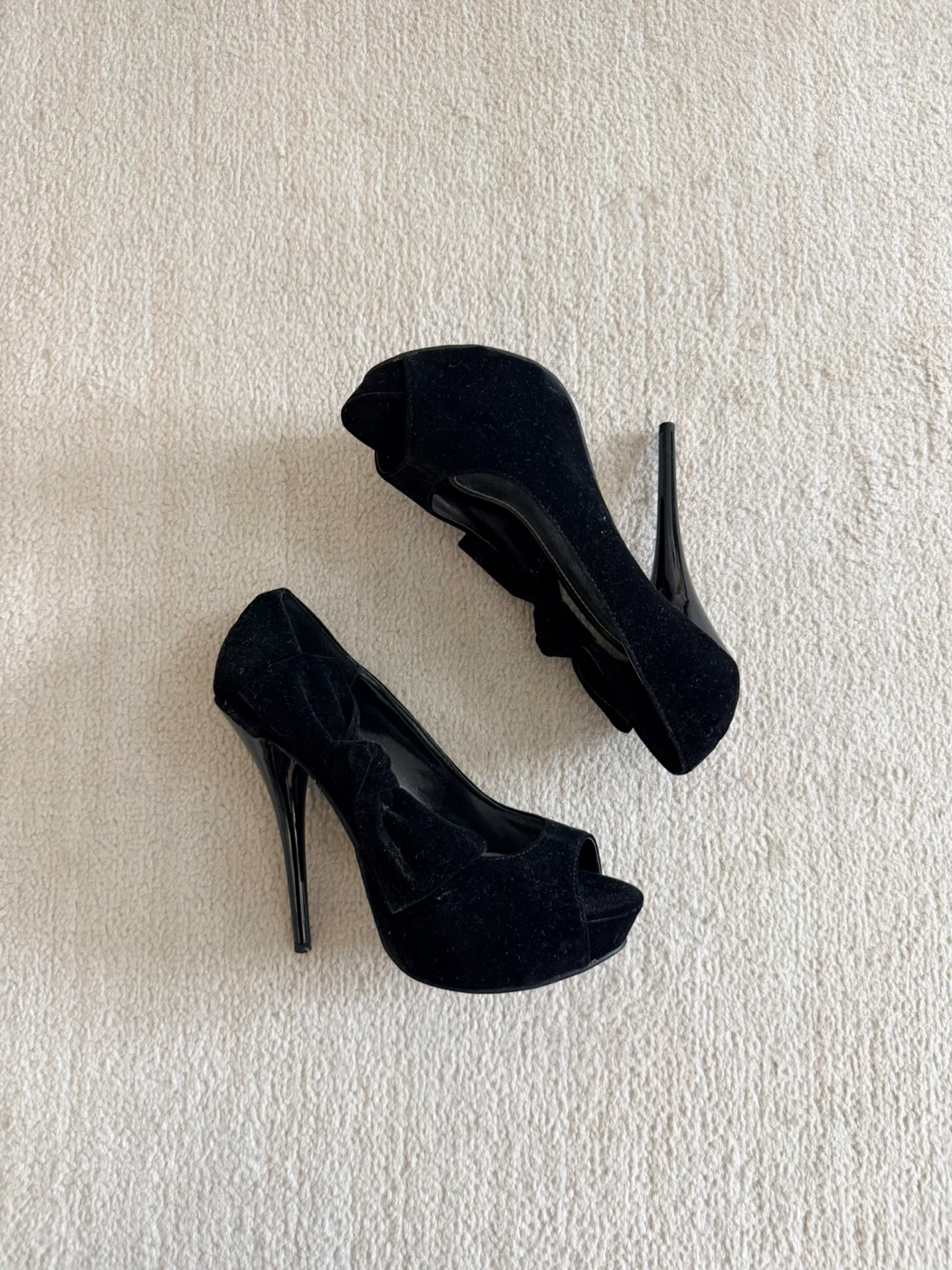 Black Velvet Peep-Toe Heels with Bow - photo 4