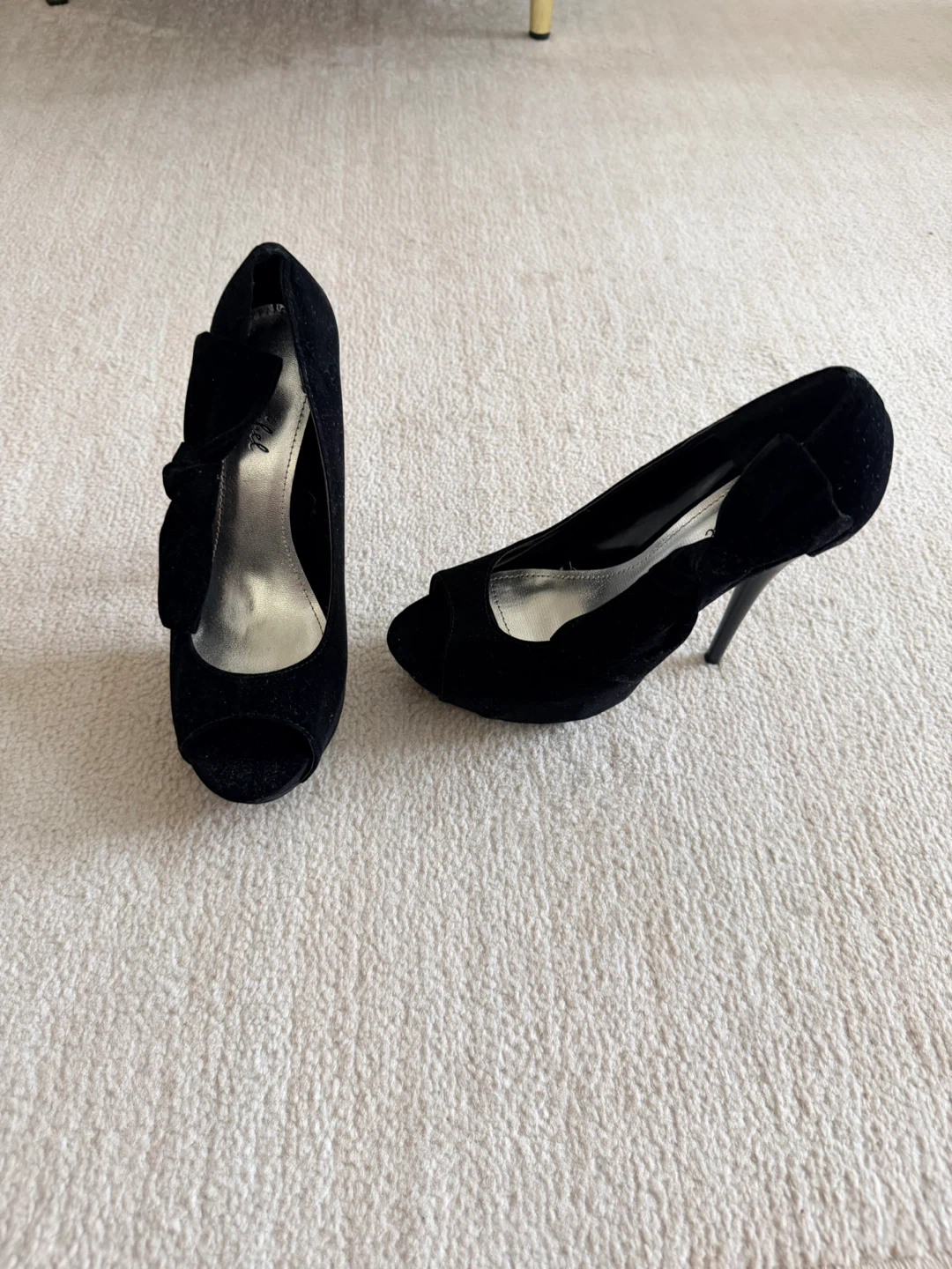 Black Velvet Peep-Toe Heels with Bow - photo 3