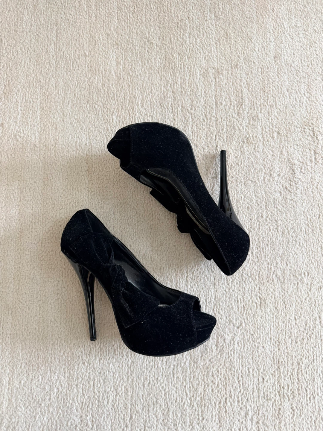 Black Velvet Peep-Toe Heels with Bow - photo 2