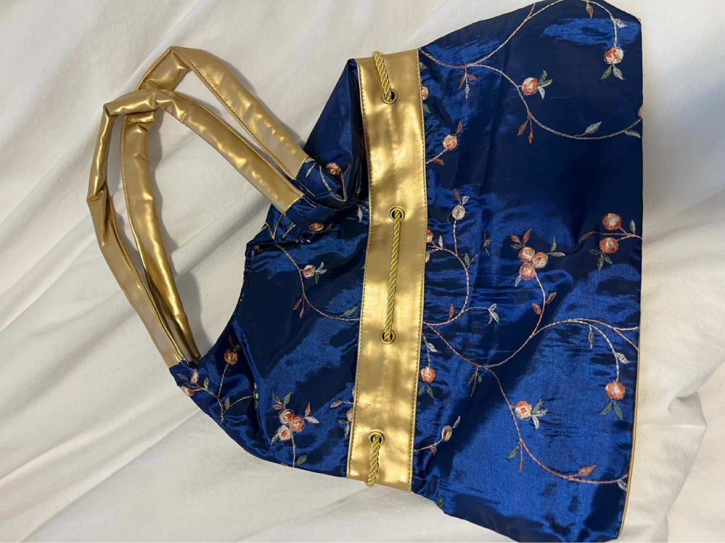 Blue Embroidered Tote Bag with Gold Accents - photo 3