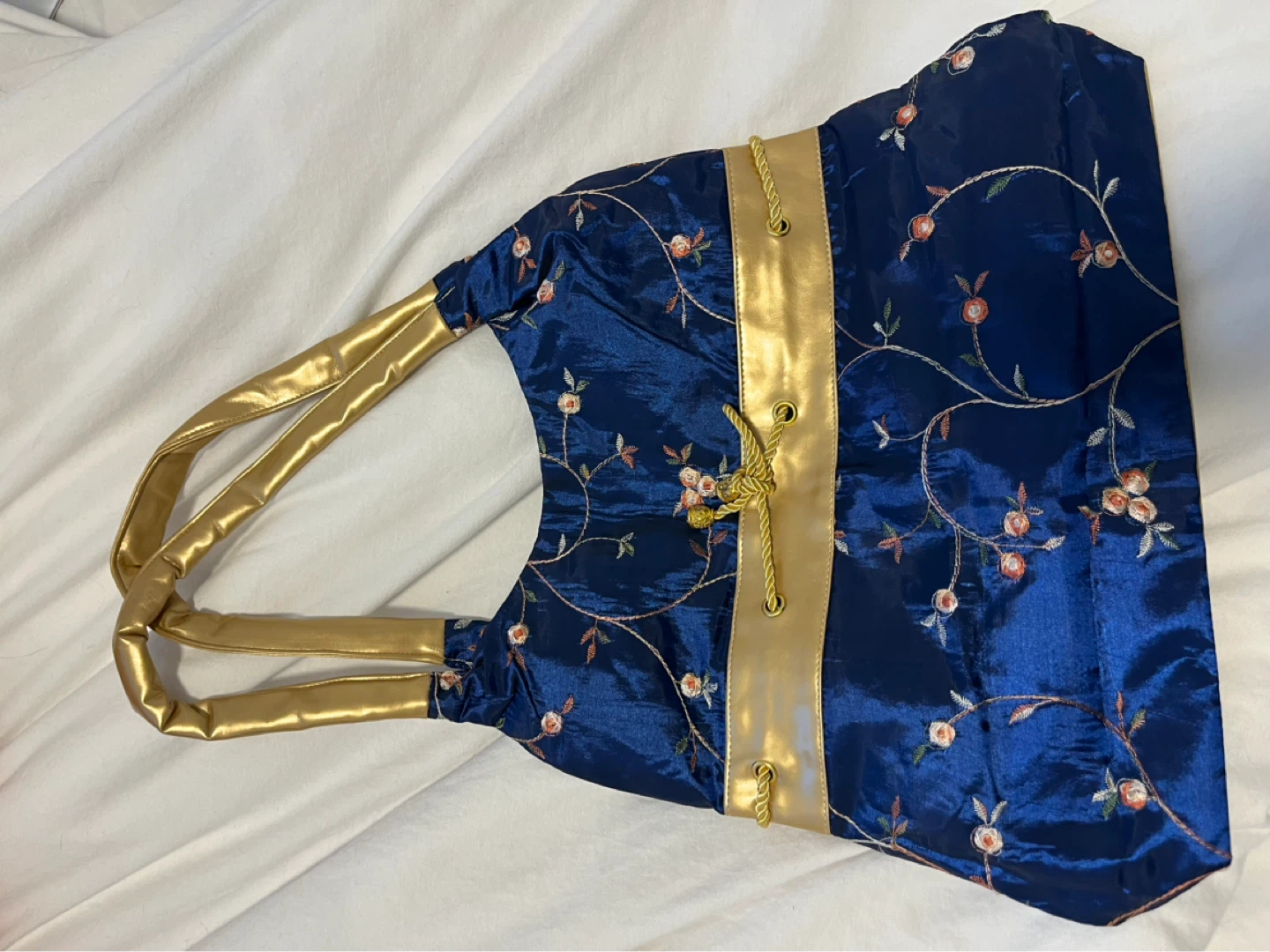 Blue Embroidered Tote Bag with Gold Accents