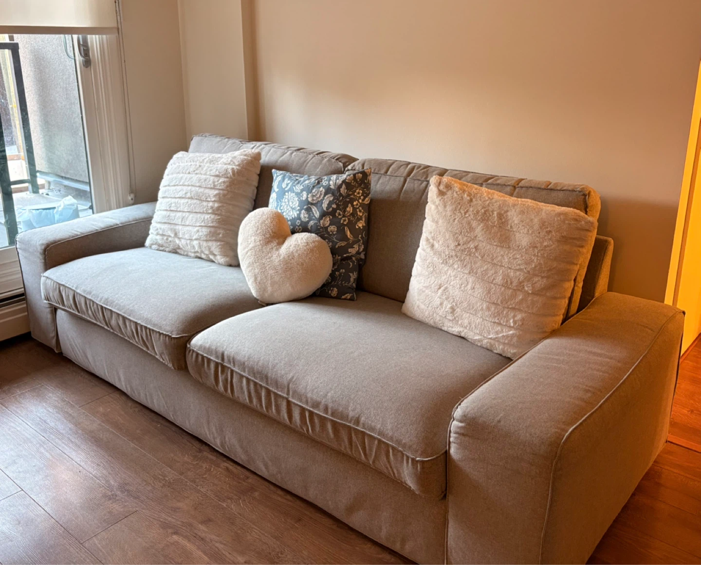 Grey Fabric Sofa with Accent Pillows