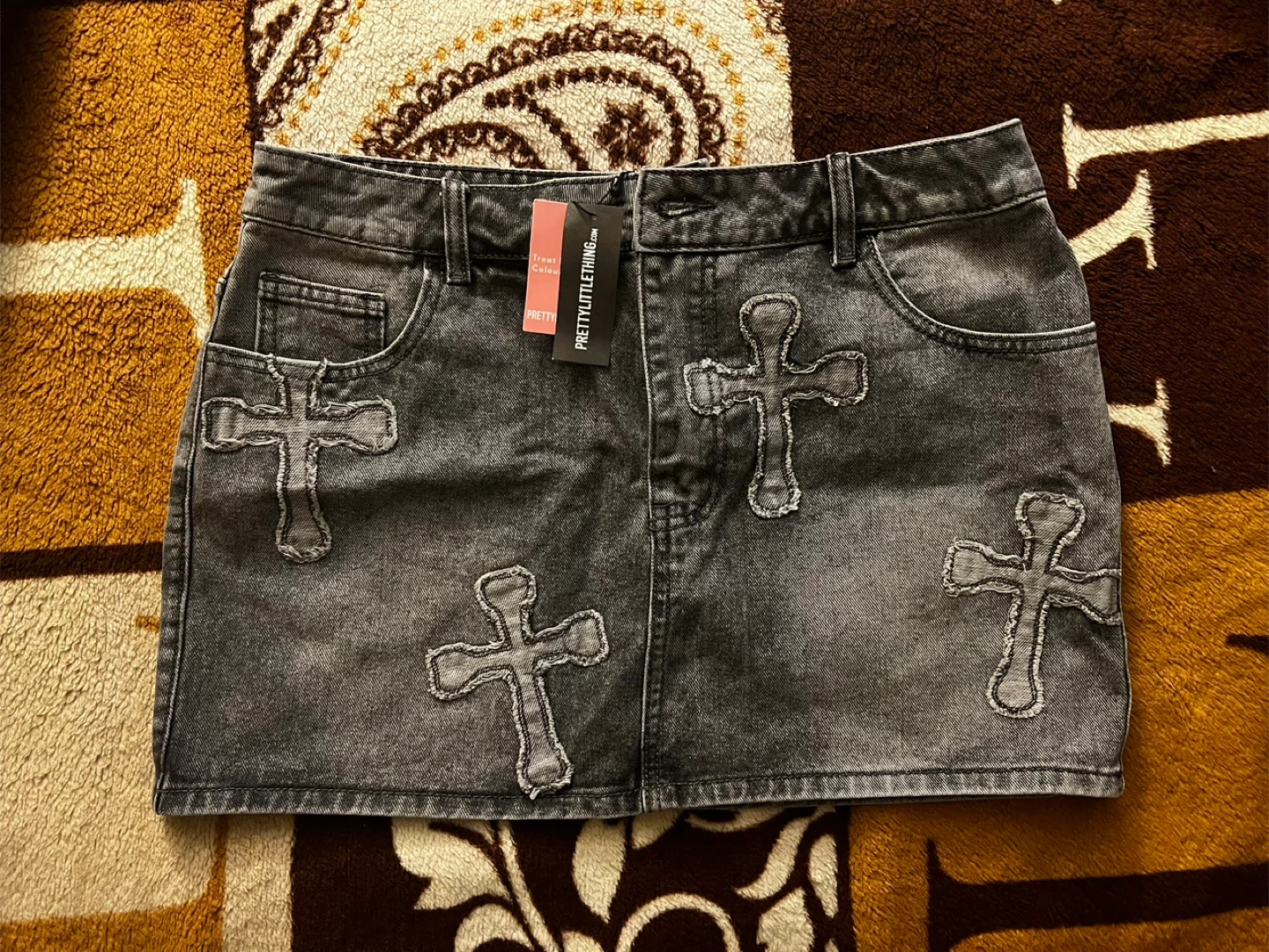 PrettyLittleThing Grey Denim Mini Skirt with Cross Appliqué