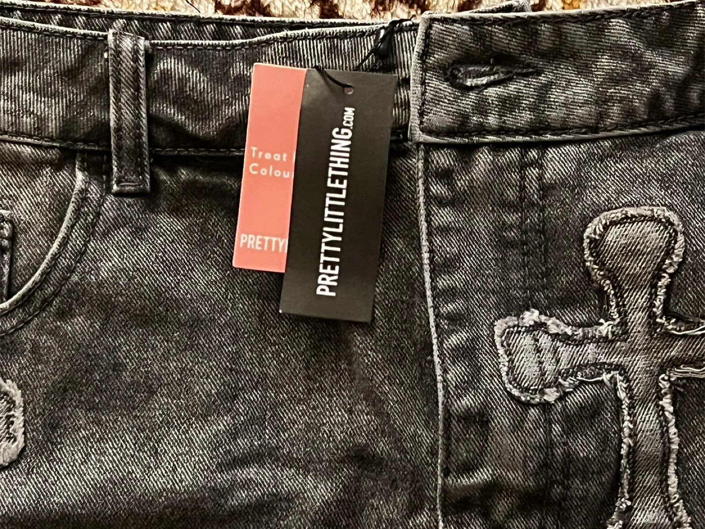 PrettyLittleThing Grey Denim Mini Skirt with Cross Appliqué - photo 2
