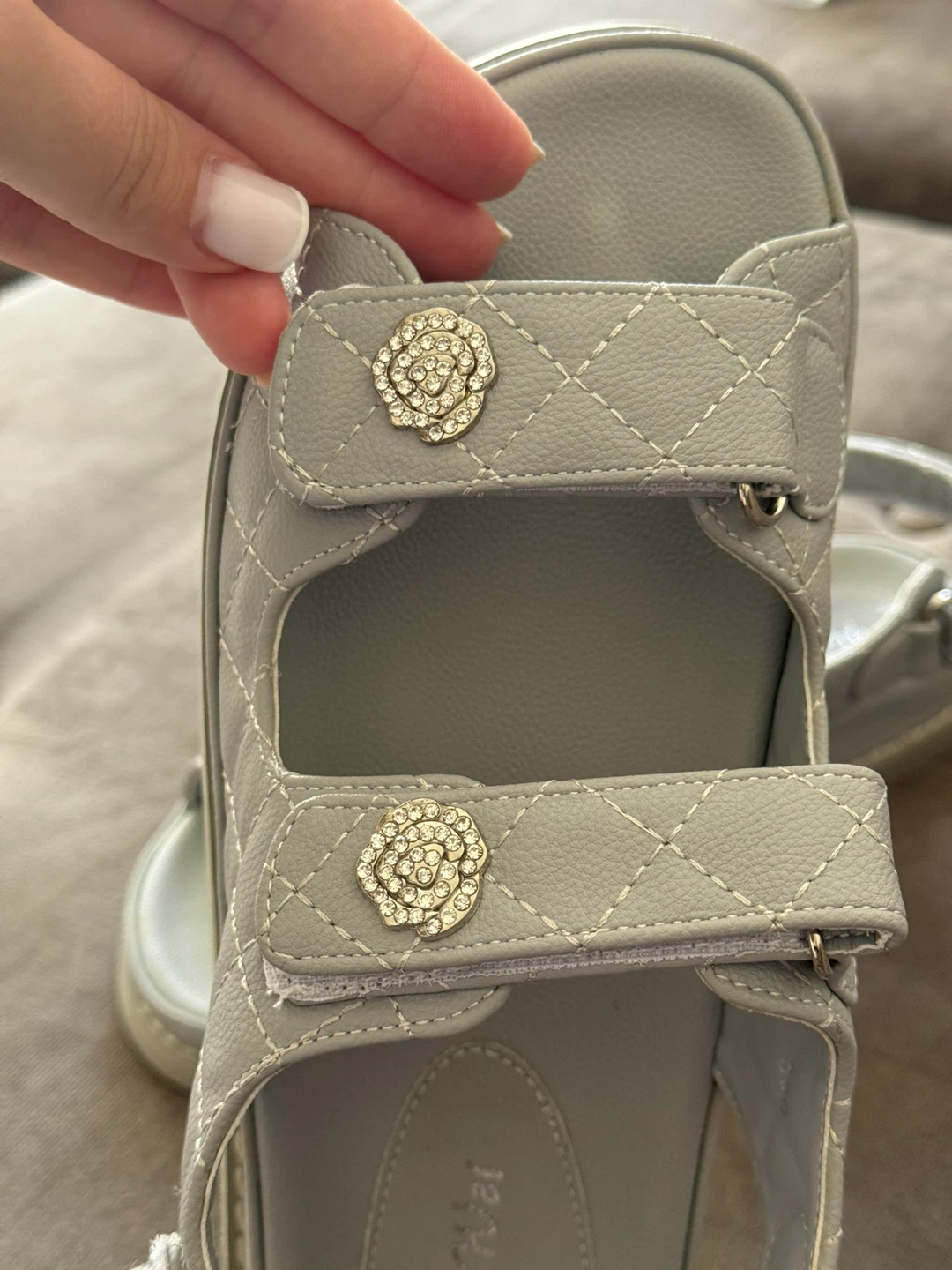 Light Gray Quilted Sandals with Rhinestone Flower Embellishments - photo 3