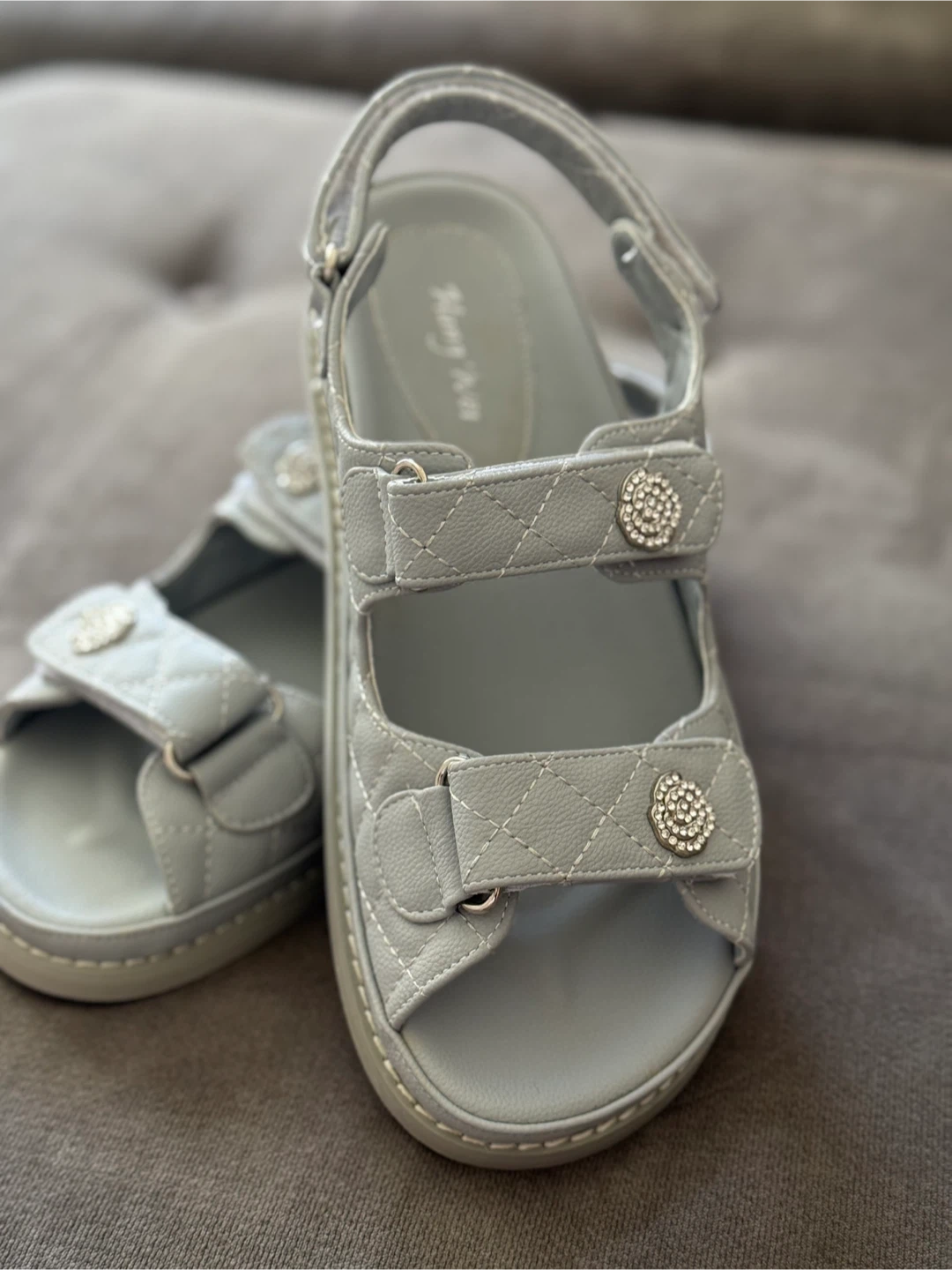 Light Gray Quilted Sandals with Rhinestone Flower Embellishments