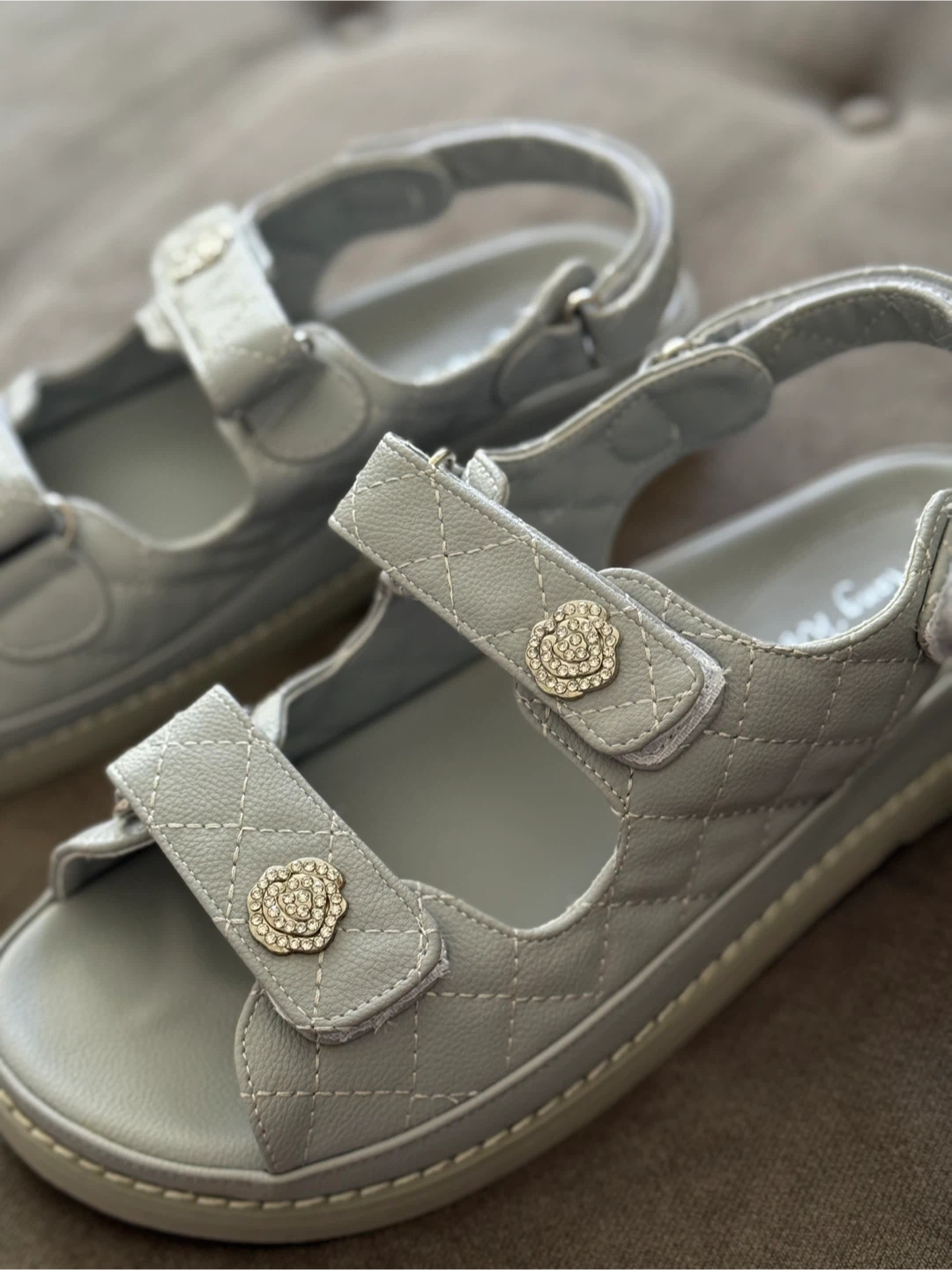 Light Gray Quilted Sandals with Rhinestone Flower Embellishments - photo 2