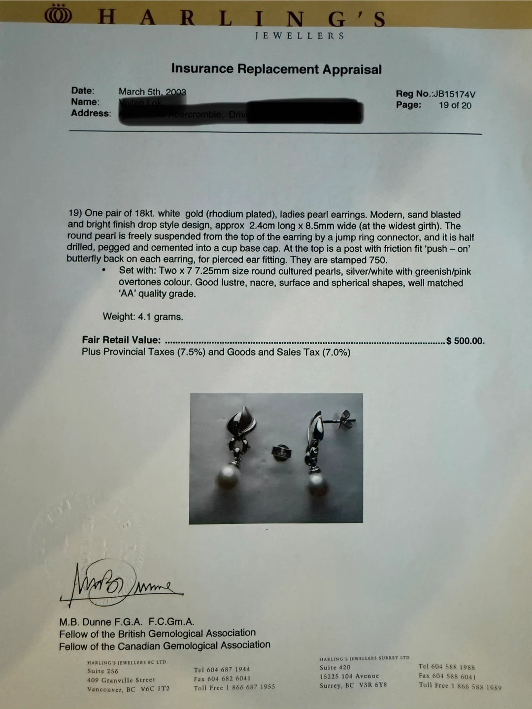 Harling's Jewellers 18kt white gold pearl drop earrings - photo 2