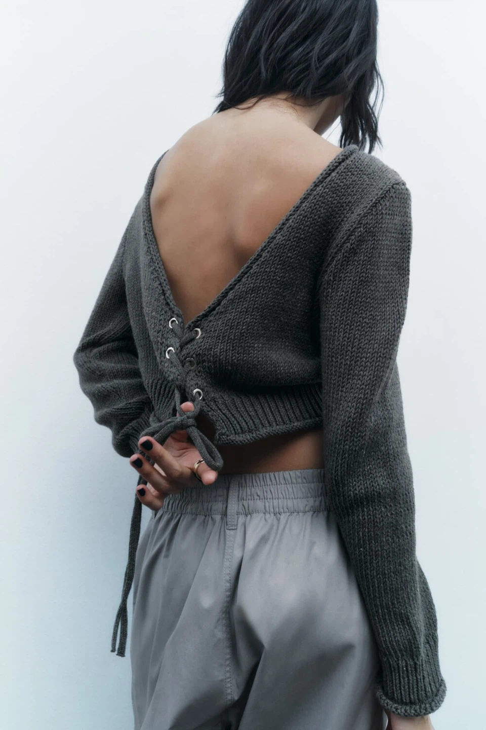 Zara Grey Knit Lace-Up Crop Sweater Size S - photo 3