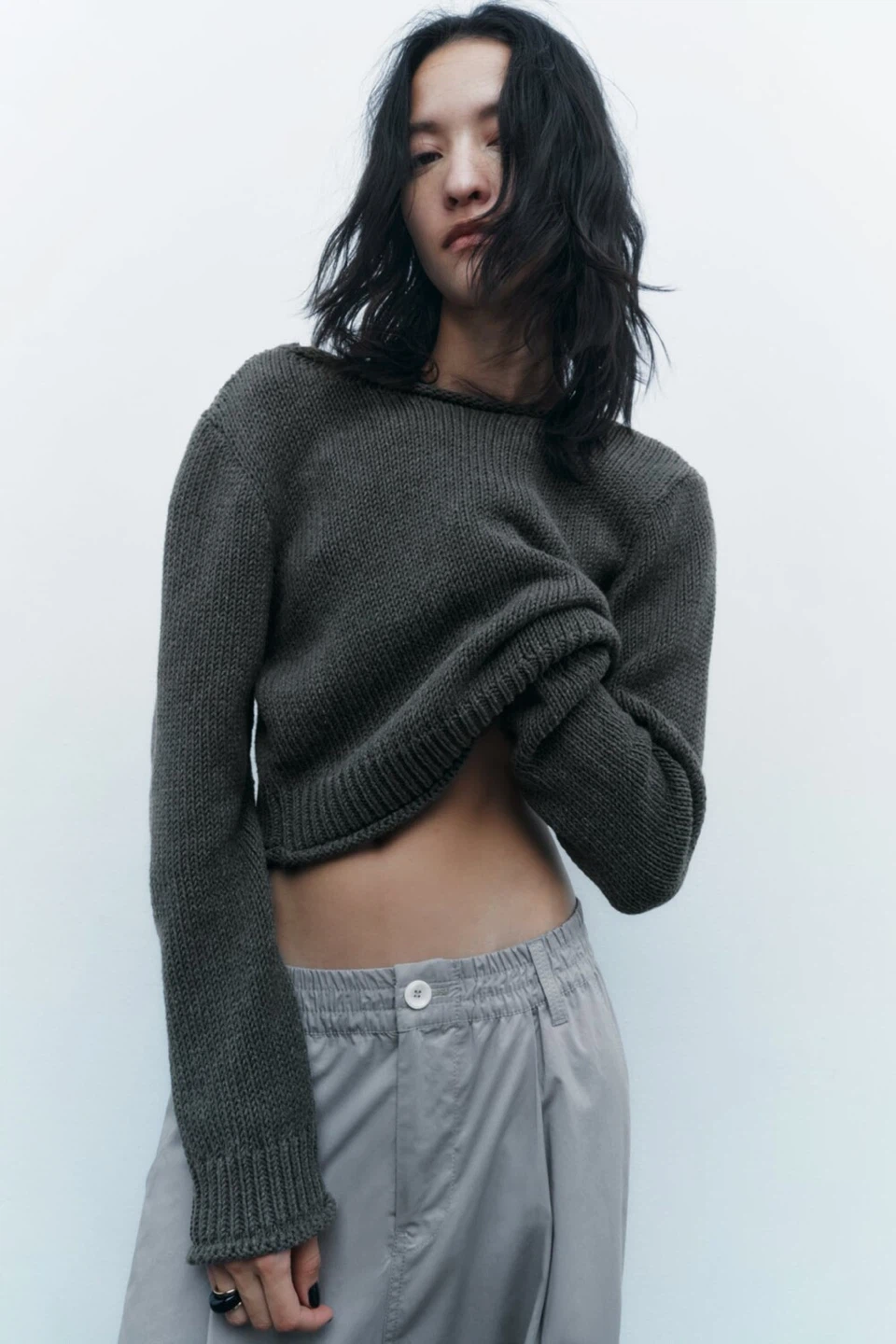 Zara Grey Knit Lace-Up Crop Sweater Size S - photo 2