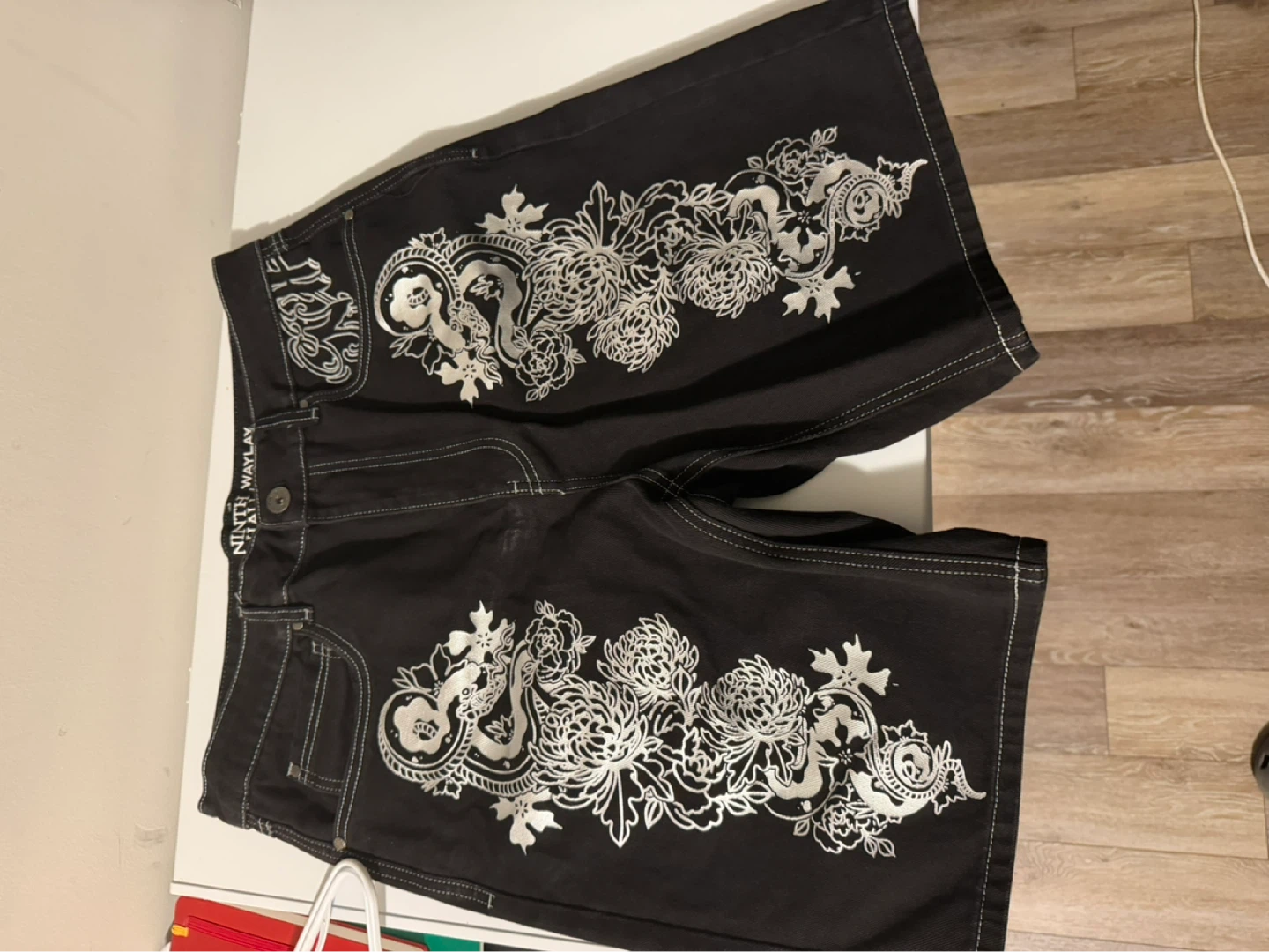 Black Denim Shorts with Silver Embroidery - Nitti Waylay