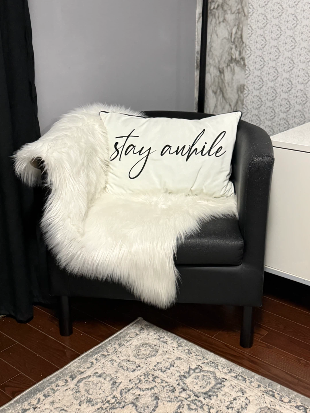 Black Accent Chair with "Stay Awhile" Pillow - photo 3