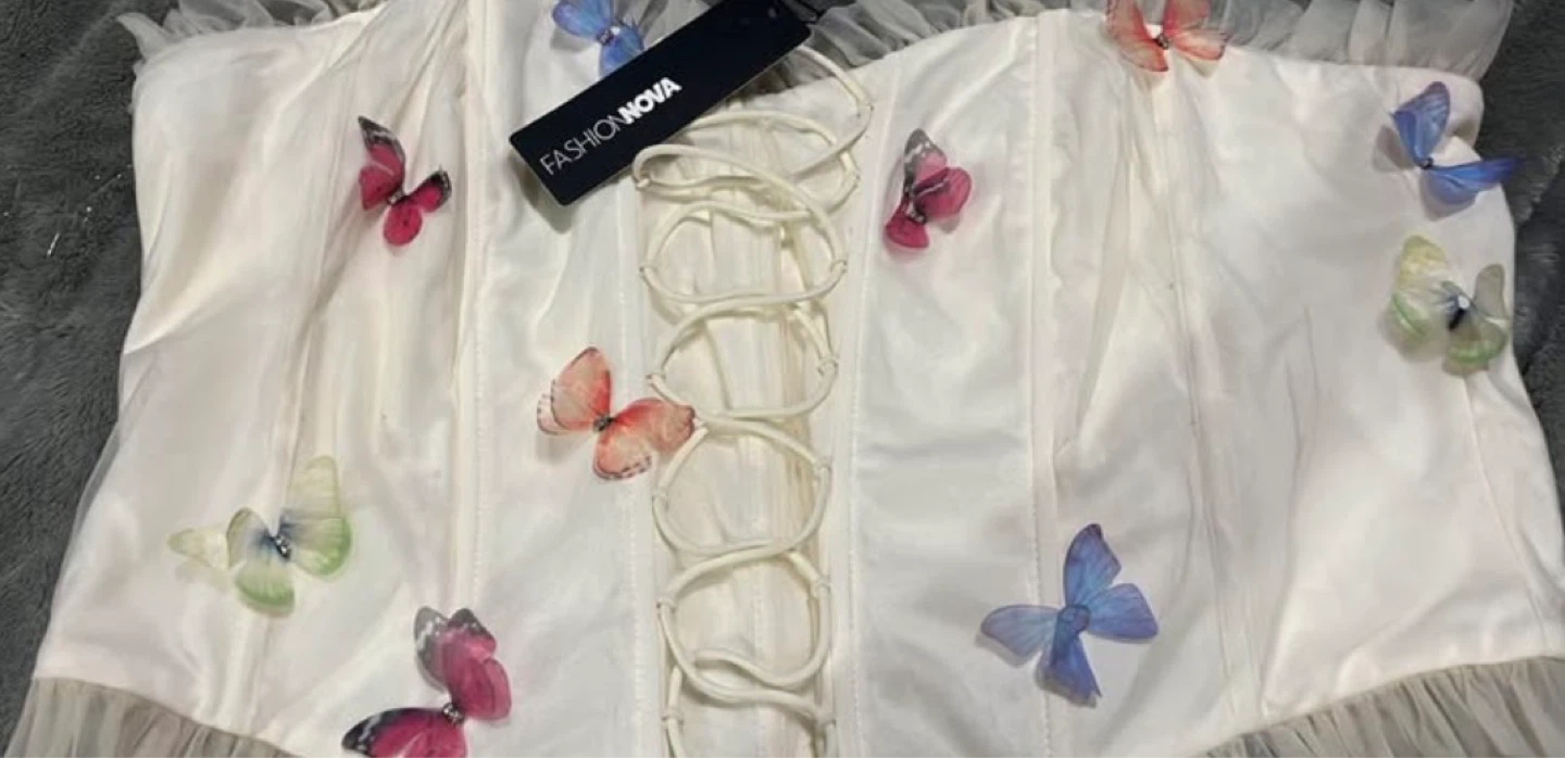 Fashion Nova White Corset Top with Butterflies Embellishments