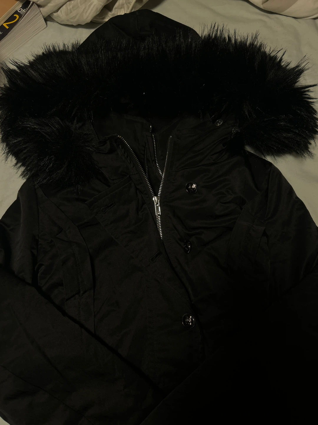 Y2K Black Fur-Trimmed Winter Jacket