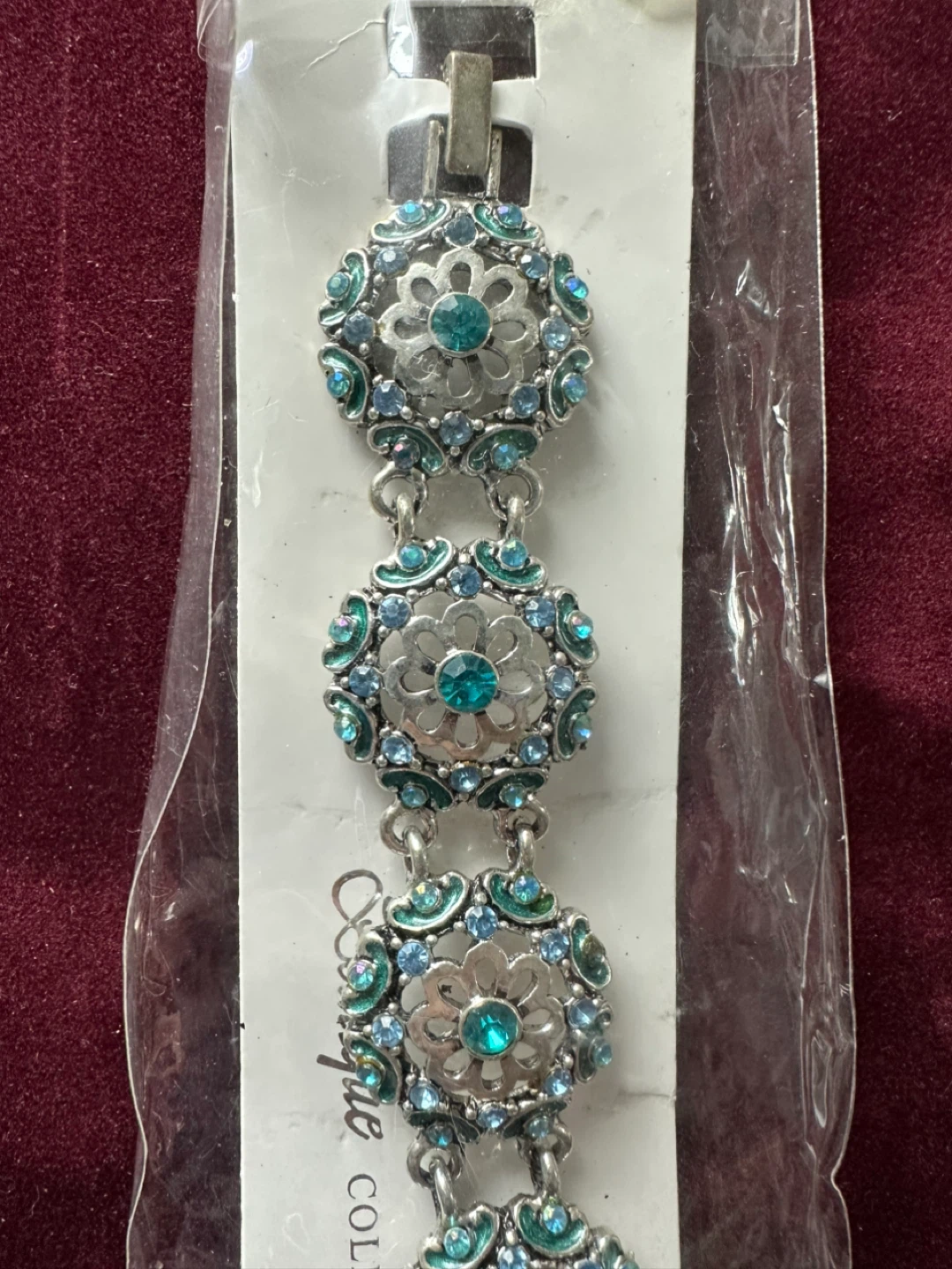 Silver Tone Blue Rhinestone Flower Link Bracelet