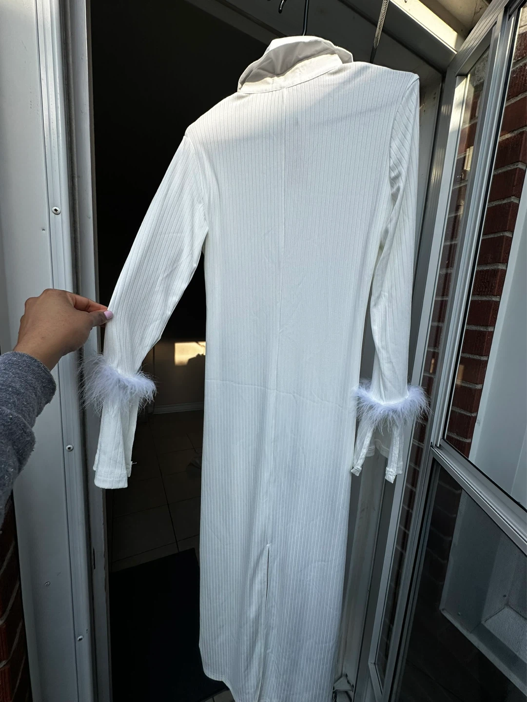 Micas White Ribbed Maxi Dress with Feather Cuffs - Size S - photo 3