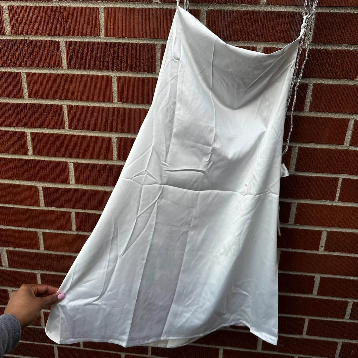 White Satin Mini Dress with Rhinestone Straps - photo 2