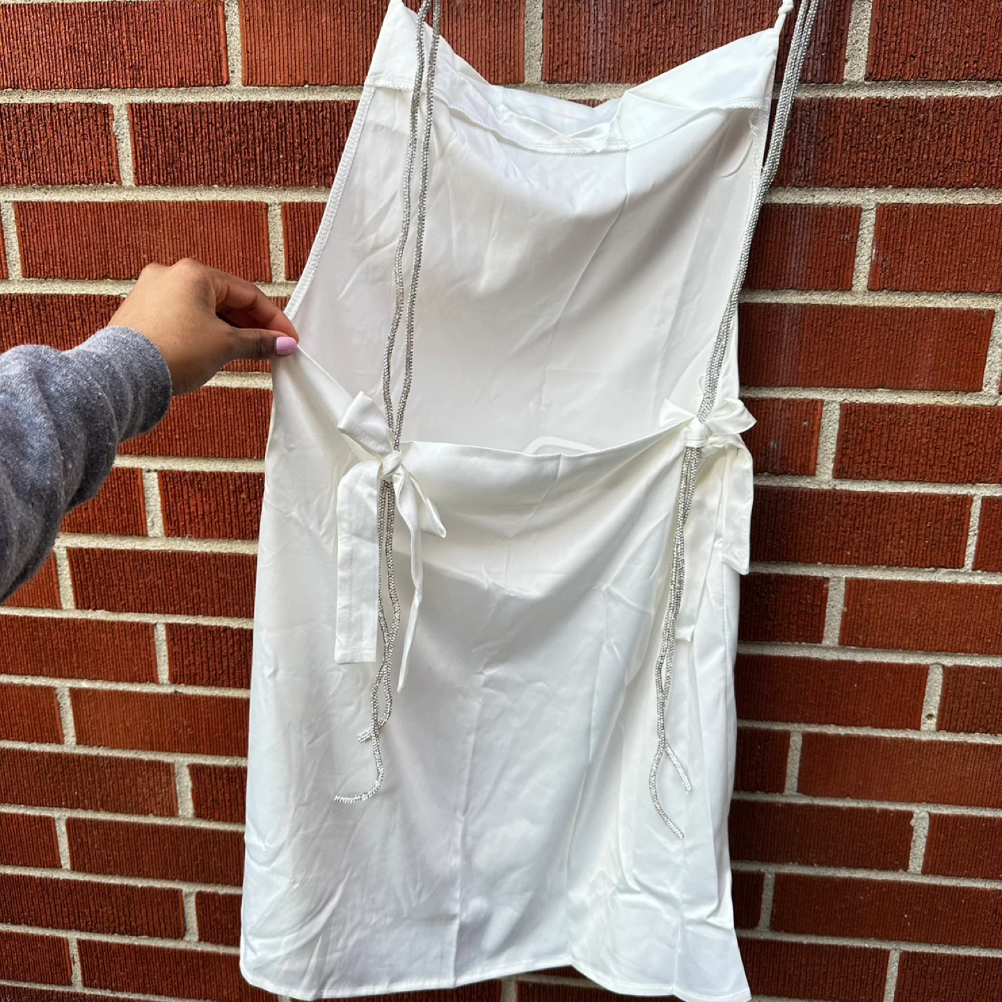 White Satin Mini Dress with Rhinestone Straps - photo 4