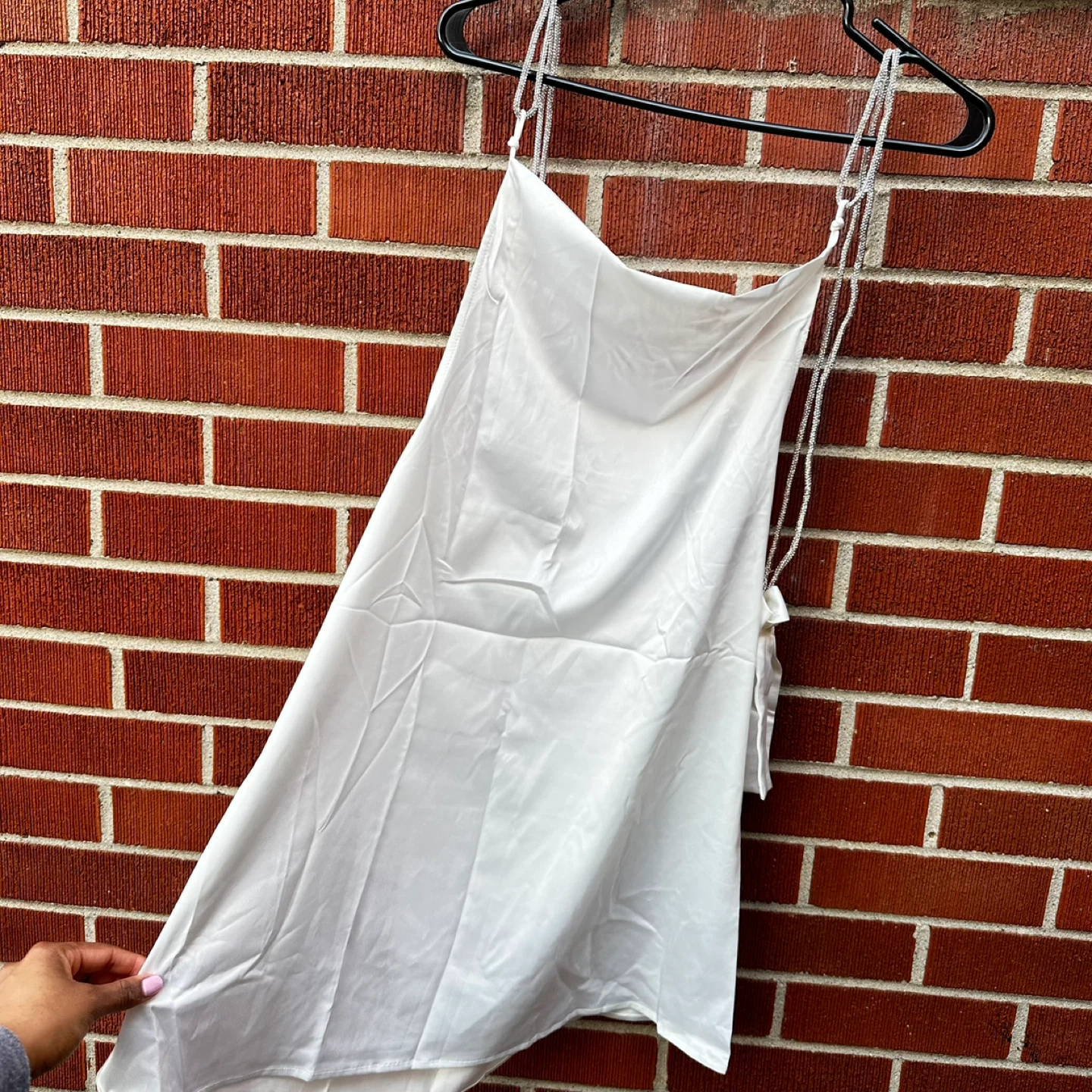 White Satin Mini Dress with Rhinestone Straps - photo 3