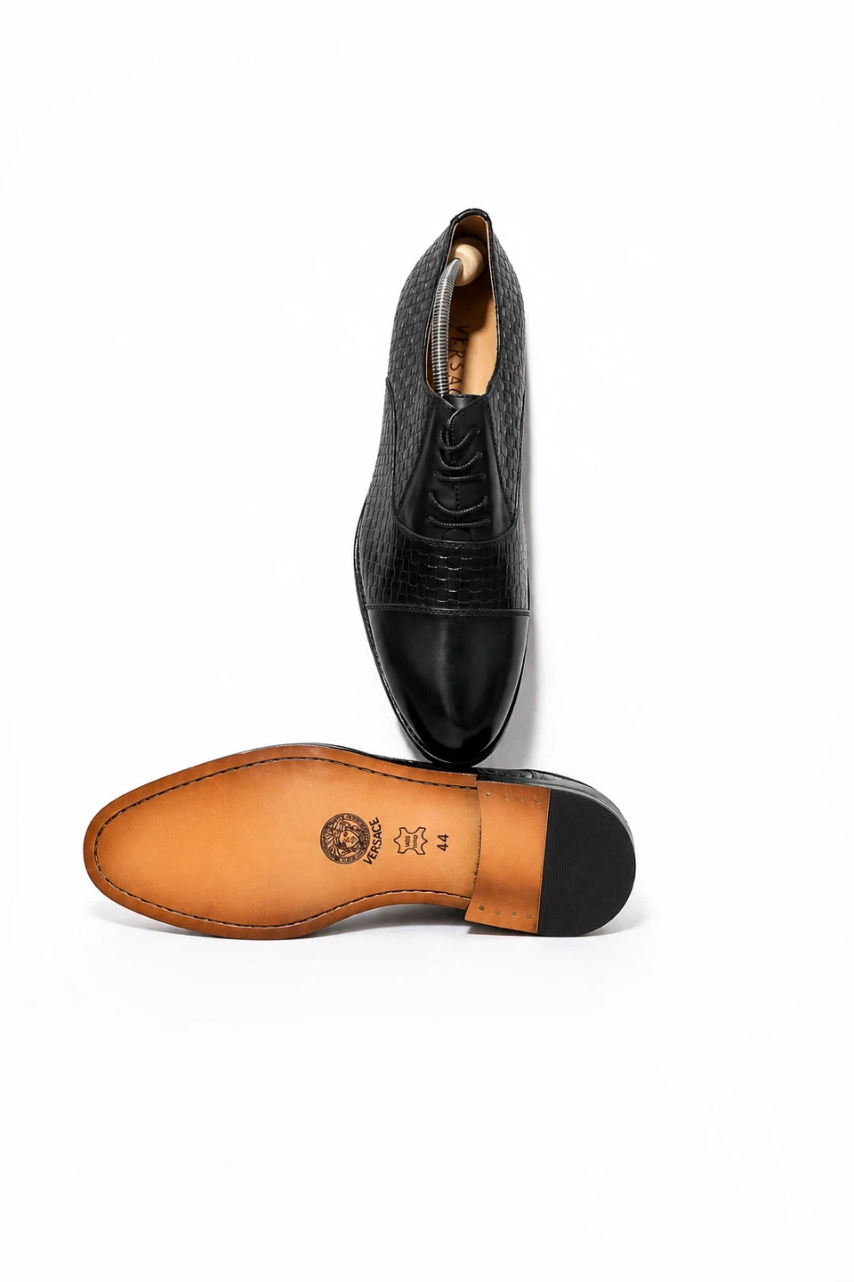 VERSACE Black Leather Weave Cap Toe Oxford Shoes - photo 4