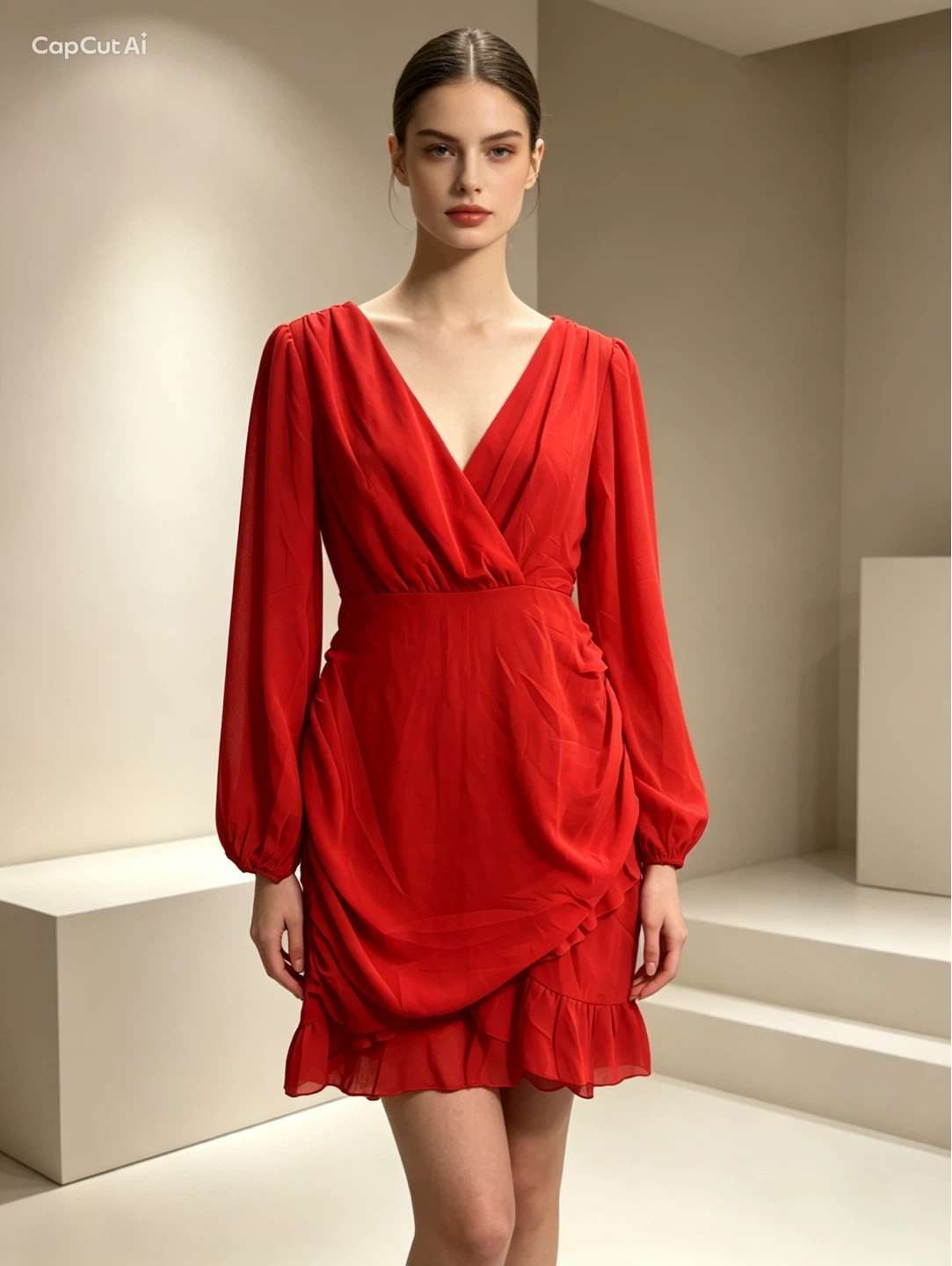 Red Chiffon Wrap Dress
