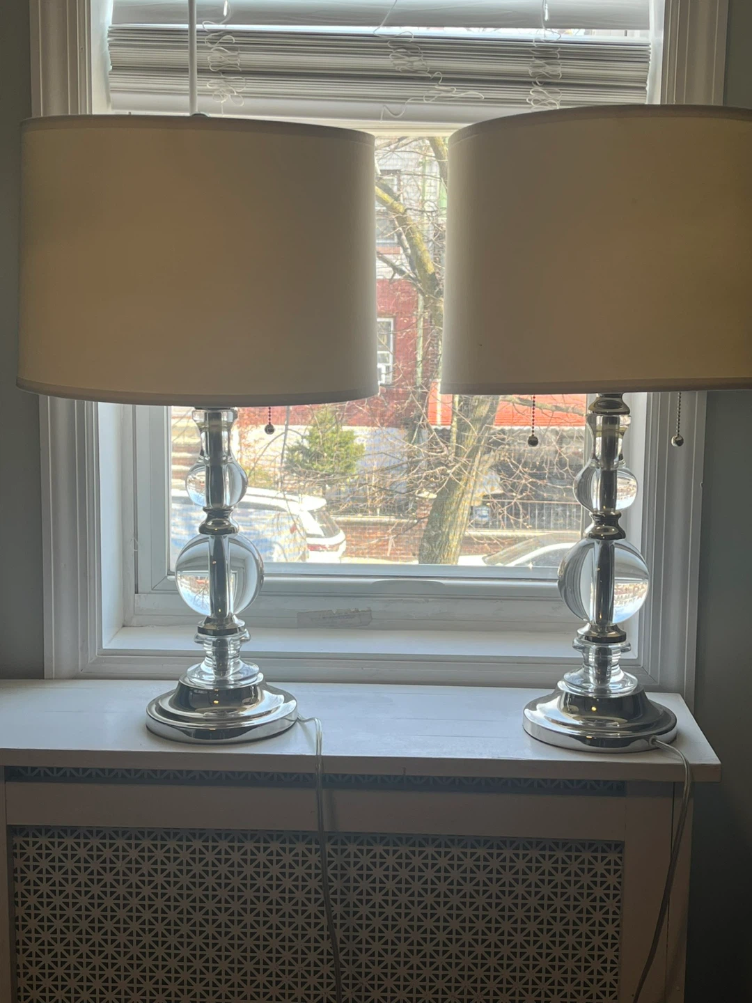 Set of 2 Clear Glass Table Lamps with Beige Shades