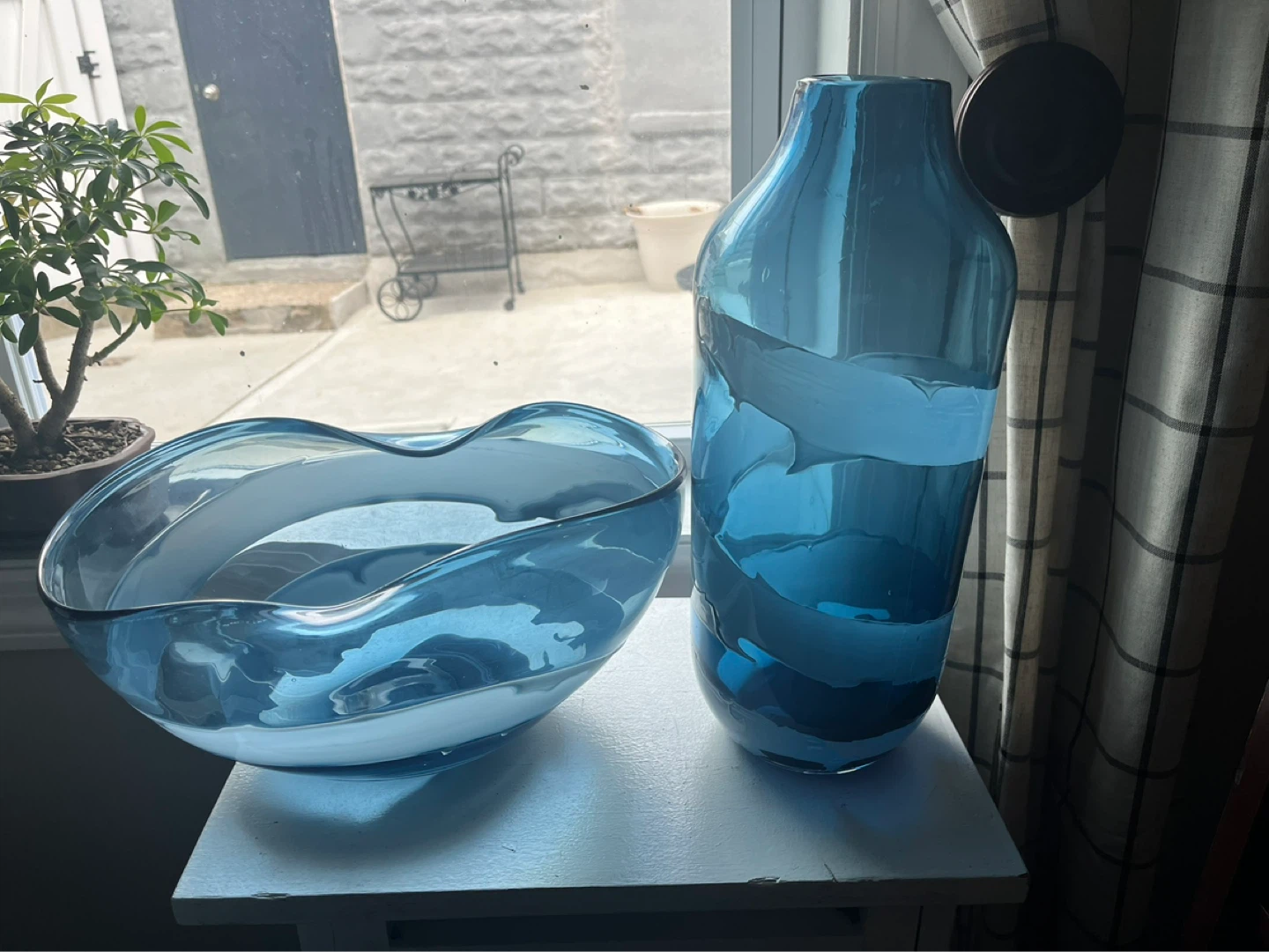 Blue Swirl Glass Vase and Bowl Set