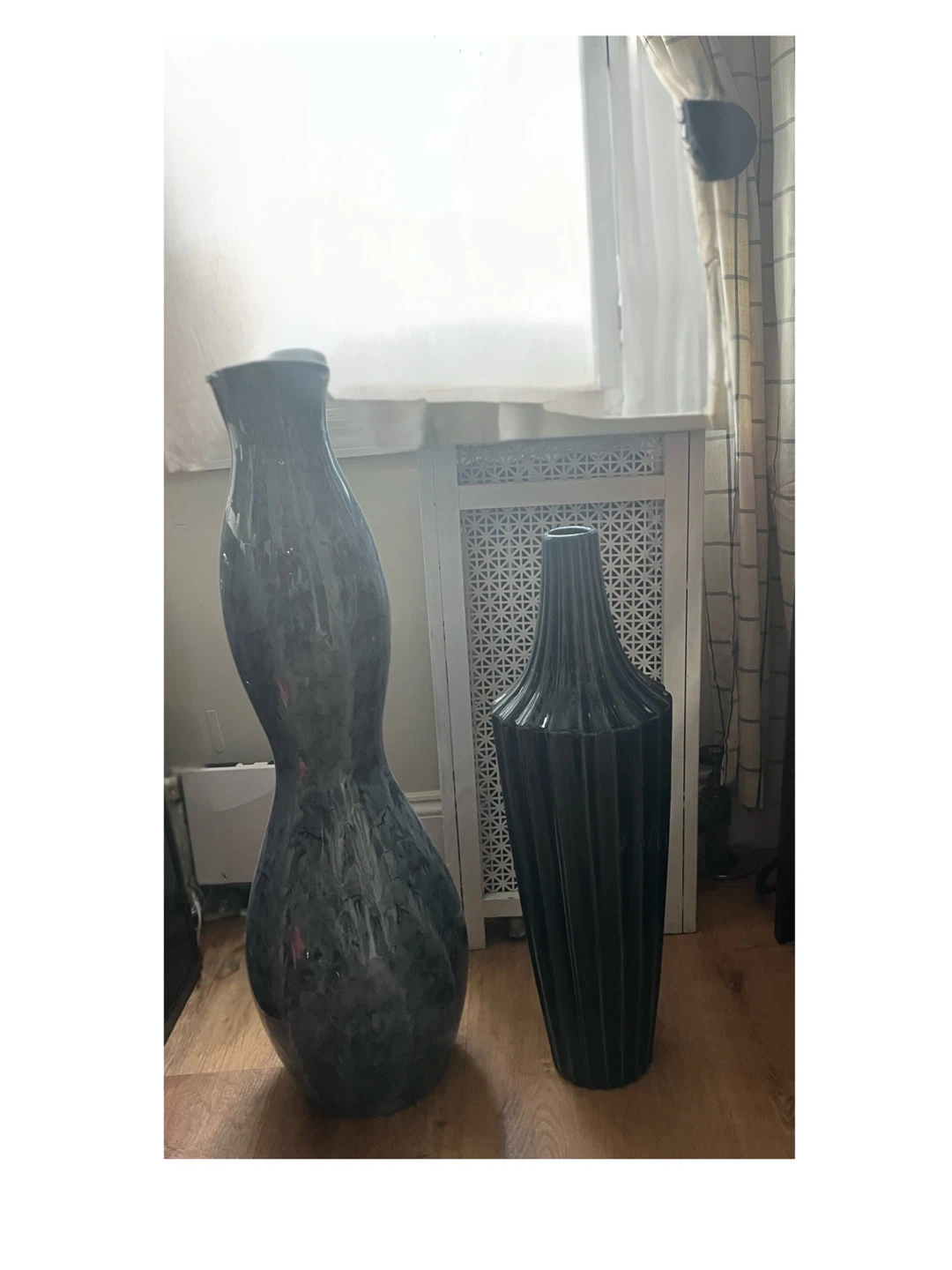Set of 2 Tall Decorative Vases - Dark Blue Swirl and Ribbed