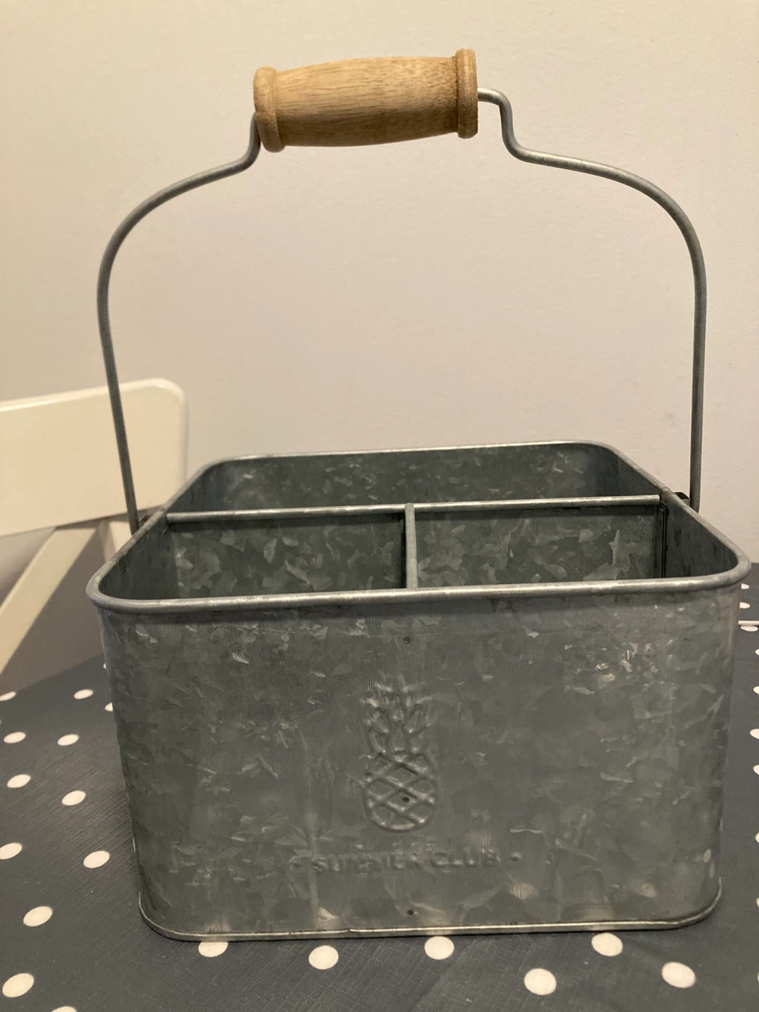 Galvanized Metal Caddy with Wooden Handle